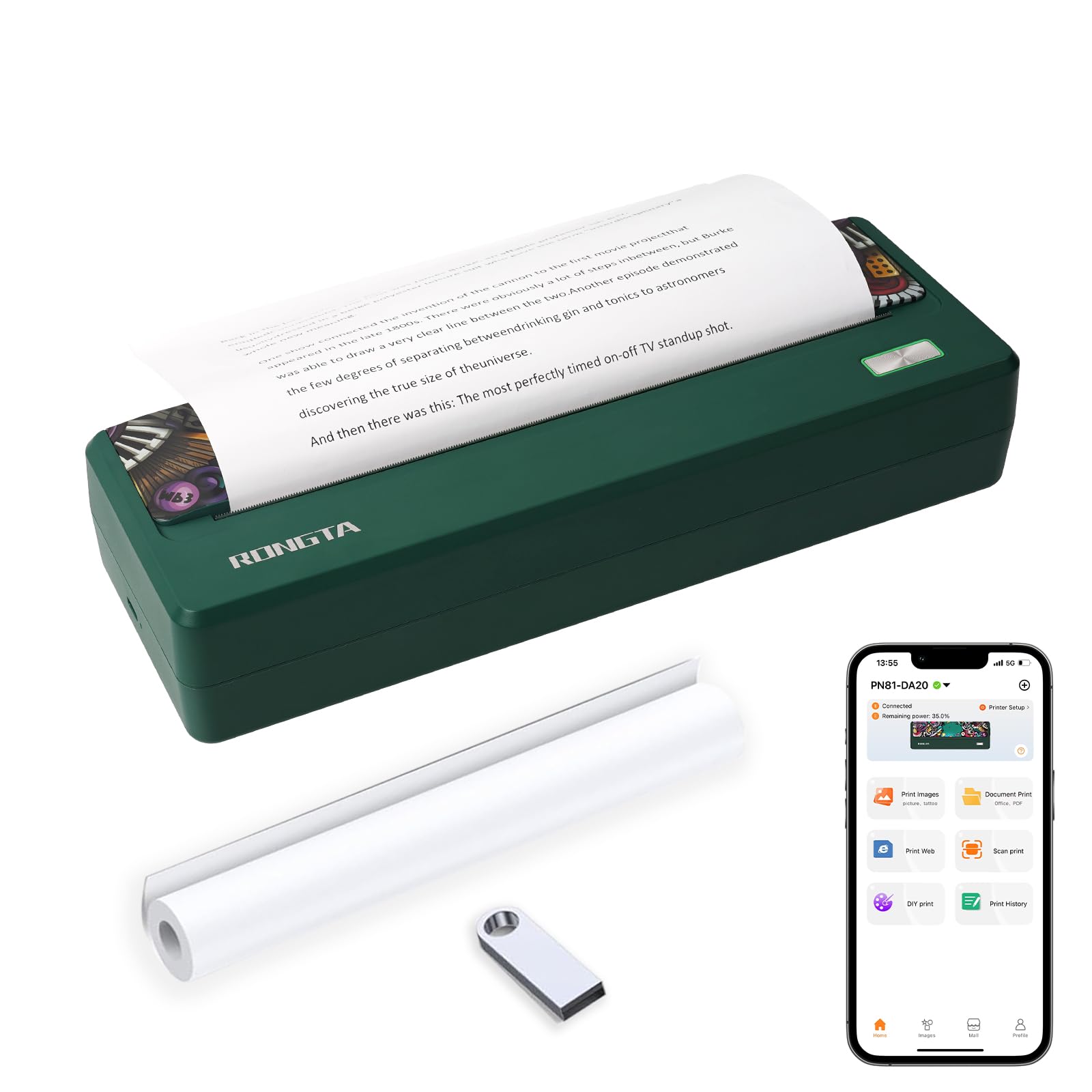 Rongta Wireless Portable Thermal Printer - 300DPI Inkless Bluetooth Mobile Printer for Travel, Compatible with Android iOS & Laptops, Supports 8.5