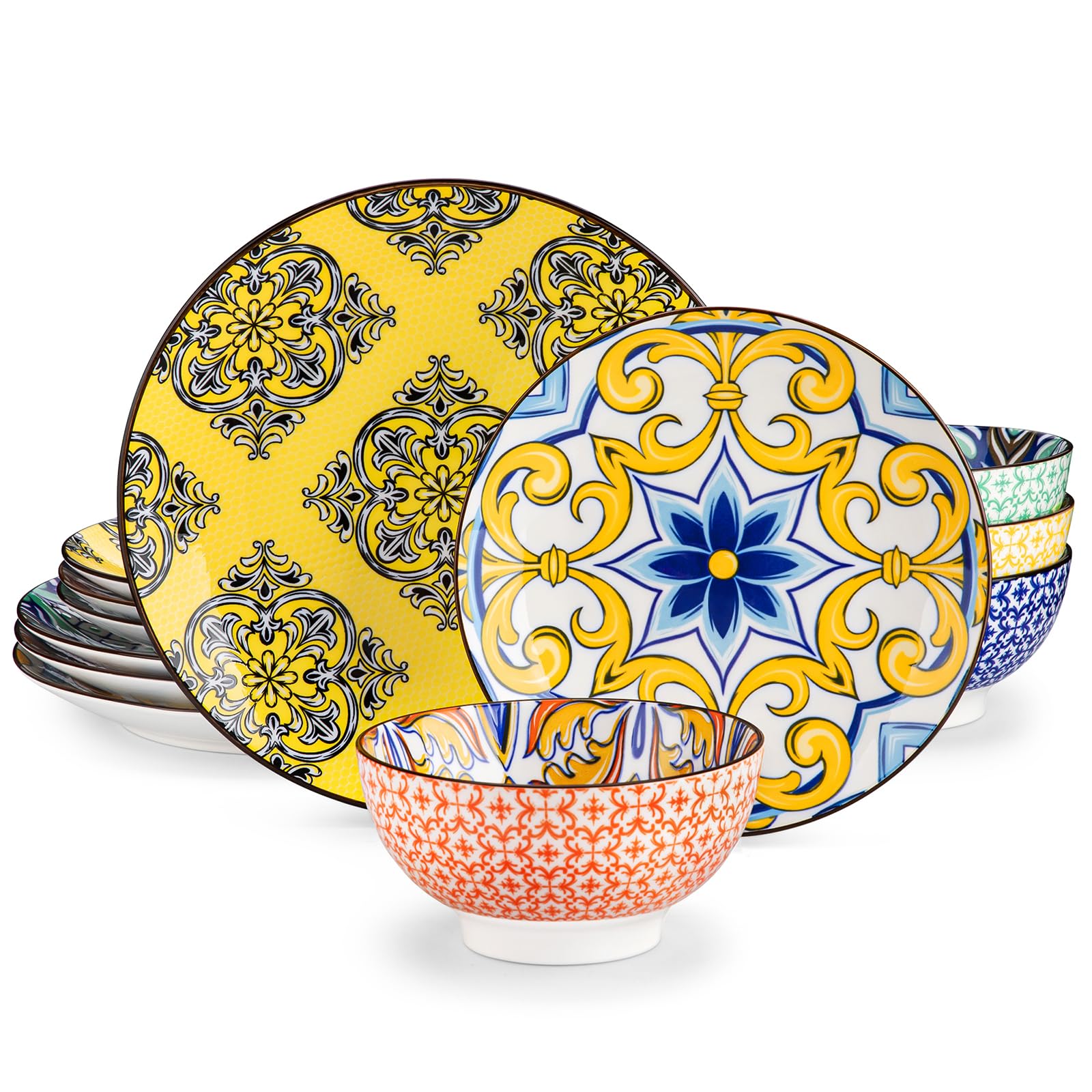 Vancasso 12-Piece Porcelain Dinnerware Set for 4 - Chip Resistant Ceramic Plates & Bowls - Hand-Painted Arabic Style Jasmine Series - Elegant Dining Tableware for Family Meals, Dinner Parties & Restaurant Use