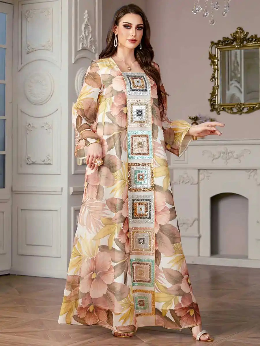Elegant Eid Sequins Printed Caftan Kaftan Dress for Women - Party Wear, Evening Gown, Special Occasion Outfit #254185