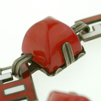 Vintage Art Deco Sterling Silver Carnelian & Enamel Bracelet - Elegant Statement Jewelry for Women, Perfect for Parties, Weddings & Special Occasions