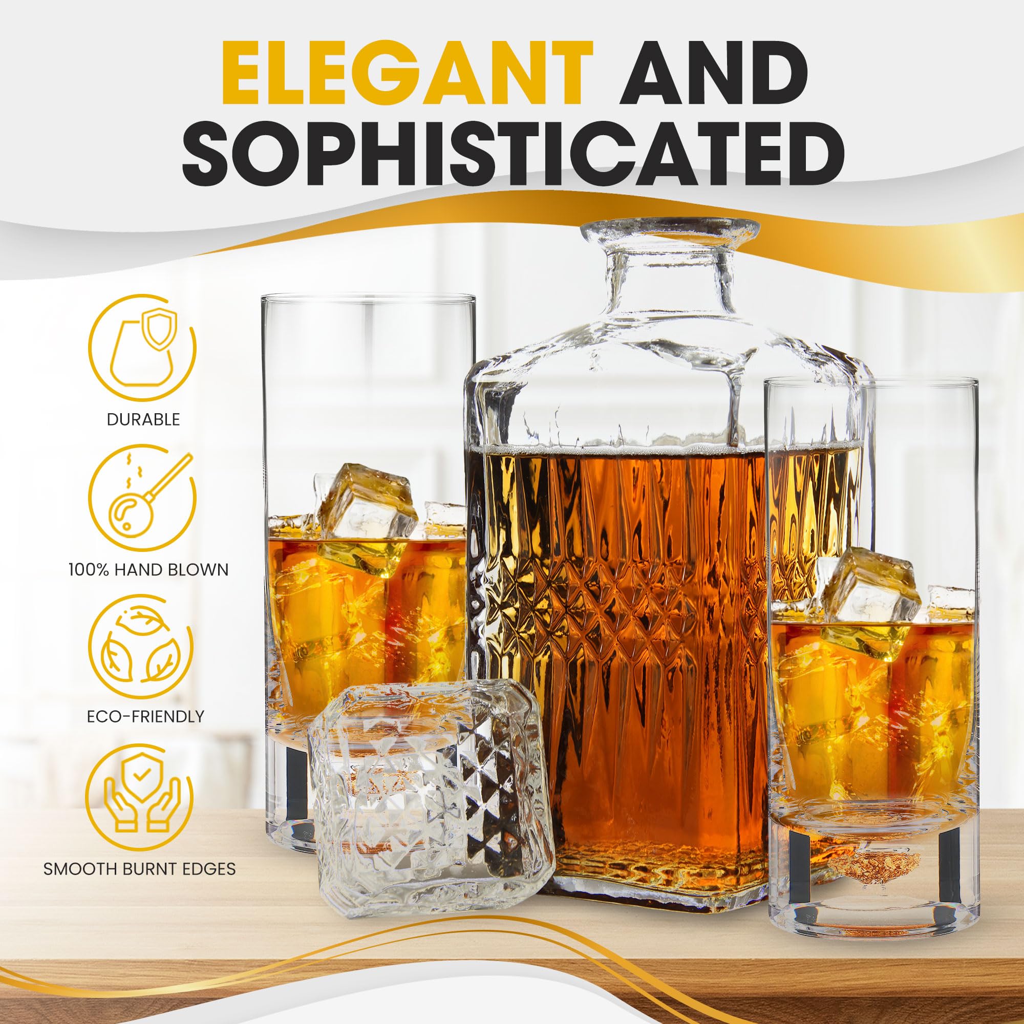 Premium Highball Glasses Set of 2 - 8.5oz Elegant Cocktail Glasses with Gold Flake Design for Whiskey, Gin & Tonic, Mojitos - Perfect for Home Bar, Parties & Gifts