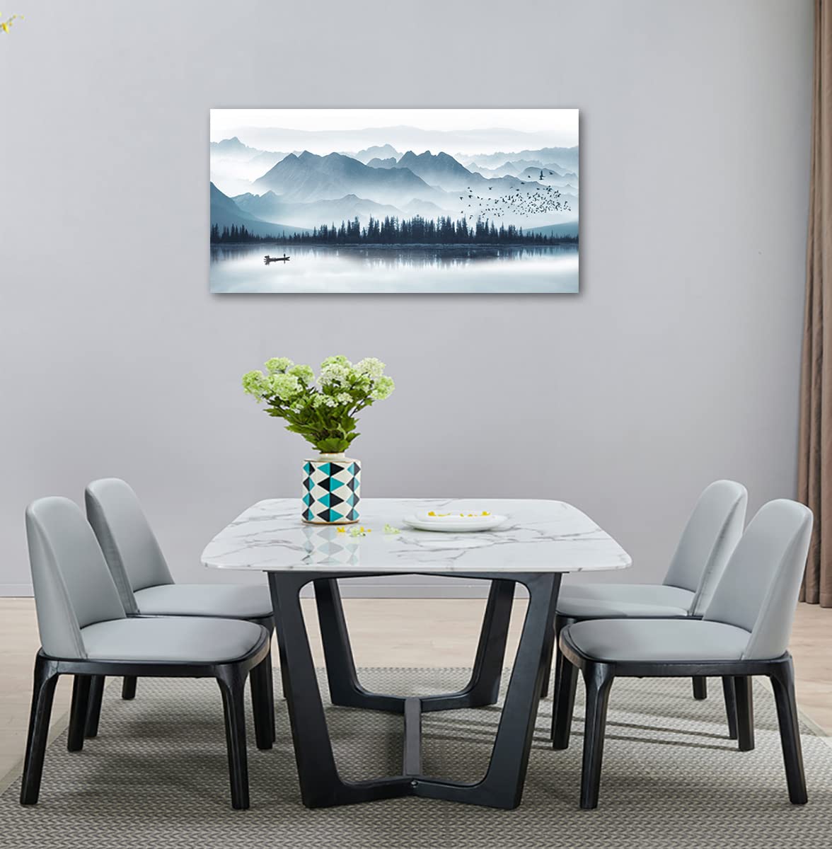arteWOODS Indigo Misty Mountain Lake Canvas Wall Art - Framed Forest Landscape Painting with Birds, Ready to Hang 24x48 Inches - Perfect for Living Room, Bedroom & Office Decor