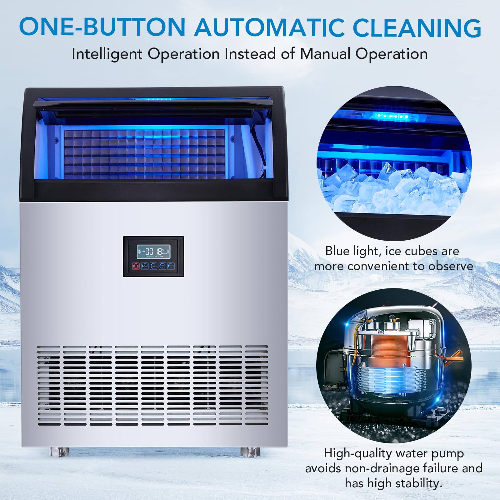 Commercial Ice Maker Machine 120 lbs/24H, Stainless Steel Undercounter Ice Machine with LED Digital Display, 2 Water Inlet Modes - Perfect for Bars, Restaurants, Cafes, Homes & Commercial Use | Fast Ice Production for Cocktails, Beverages & Food Preservation