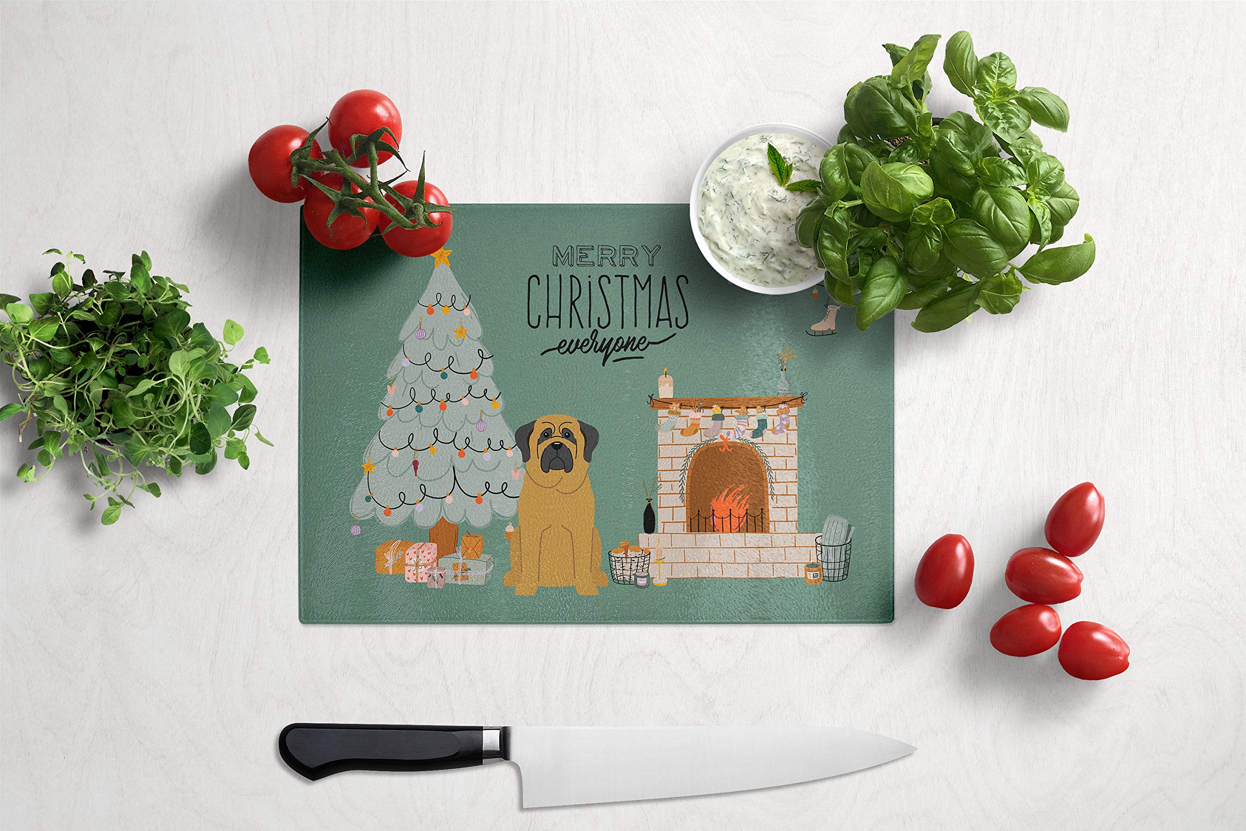 Large Mastiff Christmas Everyone Tempered Glass Cutting Board - Decorative Kitchen Chopping & Serving Board for Holiday Meals, Entertaining & Gifts | Caroline's Treasures CK7581LCB