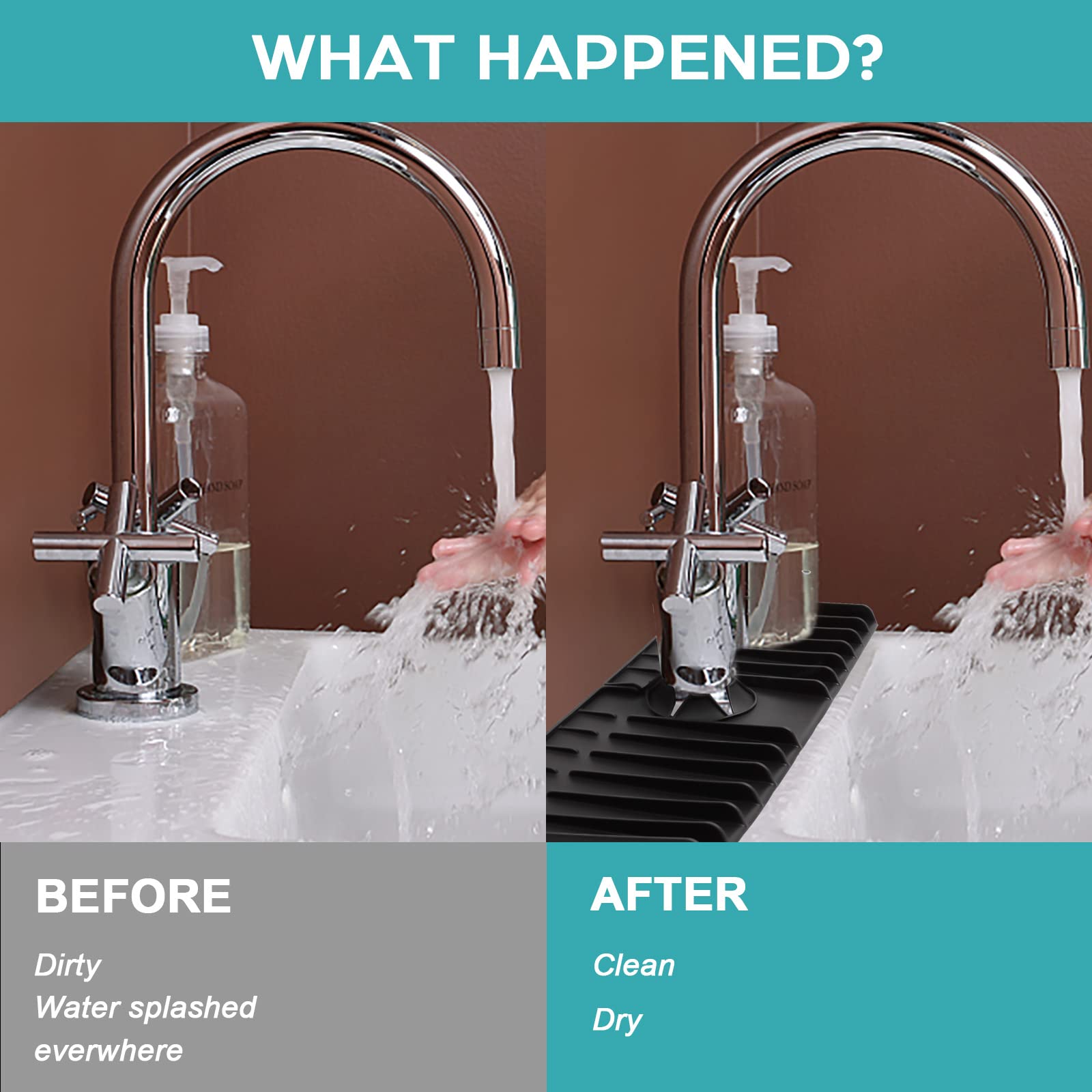 2 Pack Silicone Kitchen Sink Splash Guard - Faucet Drip Catcher Tray & Countertop Protector Mat for Kitchen & Bathroom | Prevents Water Spills, Protects Surfaces from Drips & Splashes (Black) - Perfect for Cooking, Dishwashing & Daily Kitchen Use