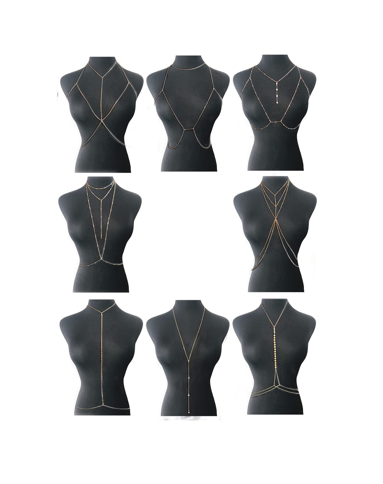 4-8Pcs Sexy Body Chain Jewelry Set for Women - Gold Tone Waist Belly Necklace - Perfect for Summer Beach, Bikini, Bra & Festival Outfits