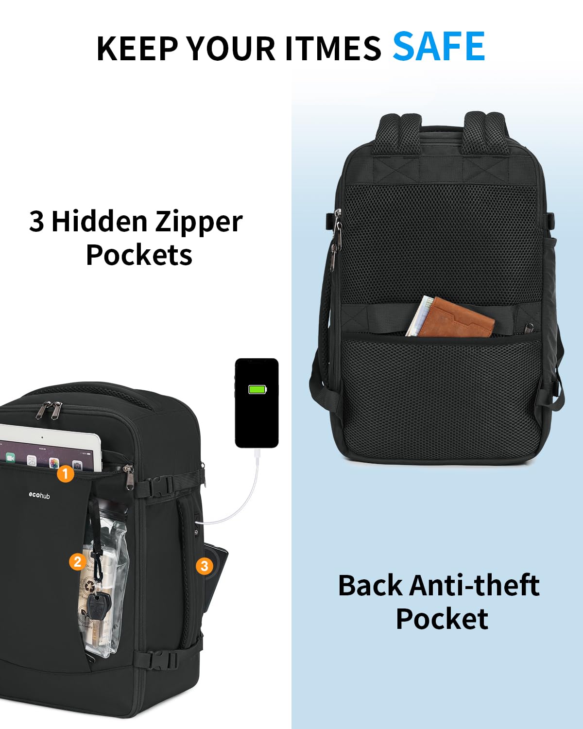 ECOHUB 30L Anti-Theft Travel Backpack with USB Charging Port - 15.6 Inch Laptop Compartment, Flight Approved Carry-On for Men & Women - Perfect for Air Travel, Commuting & Business Trips (Black)