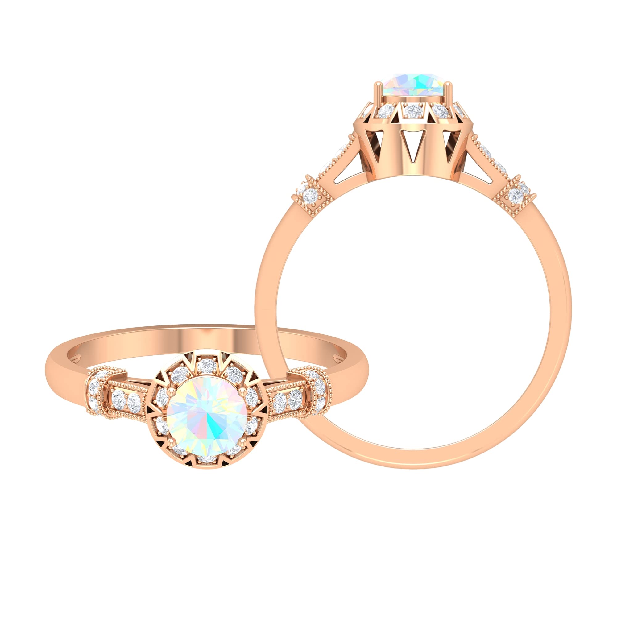 Real Ethiopian Opal Engagement Ring - 5mm Round Cut with Diamond Halo in 14K Solid Gold | Vintage Style Jewelry for Weddings, Anniversaries & Special Occasions