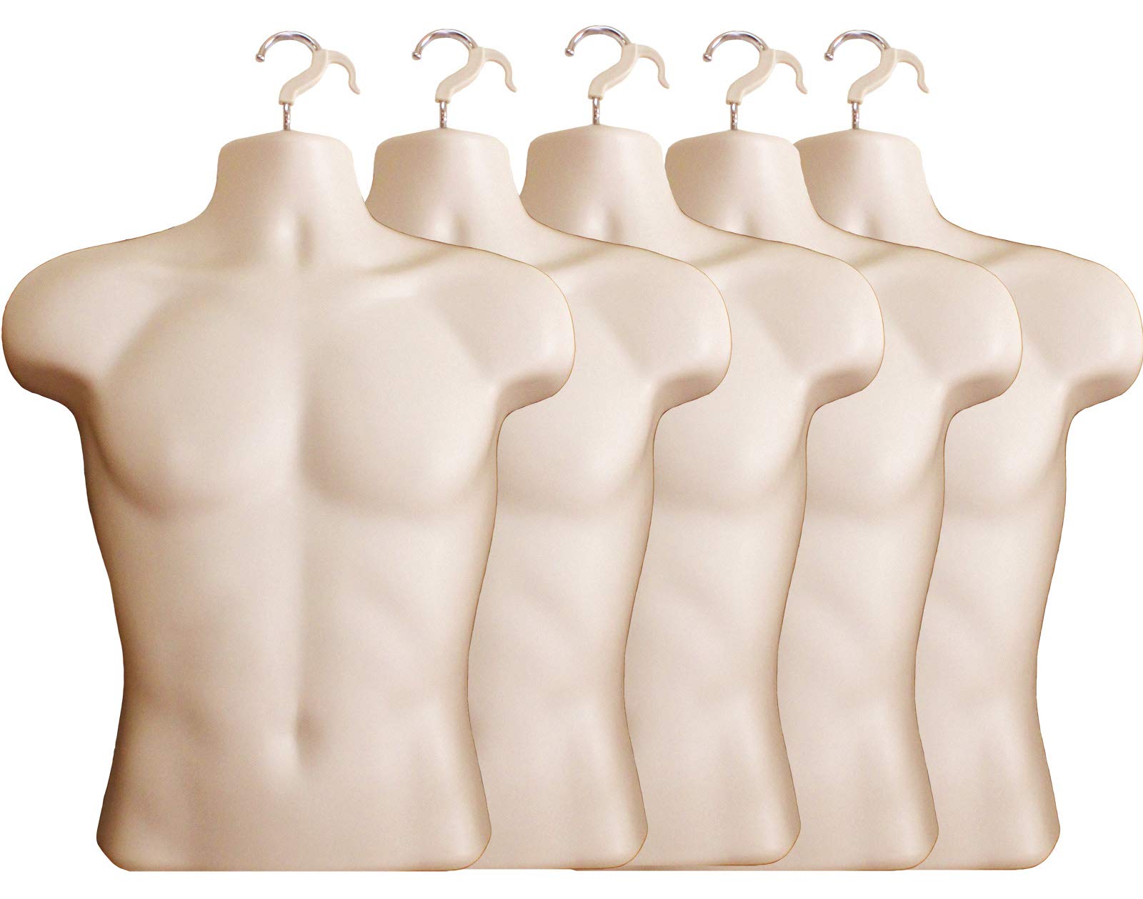 Realistic Flesh Male Mannequin Torso with Hollow Back & Hanging Hook - 5 Pack (S-M Size) for Clothing Display, Tailoring, Fashion Design, and Store Visual Merchandising