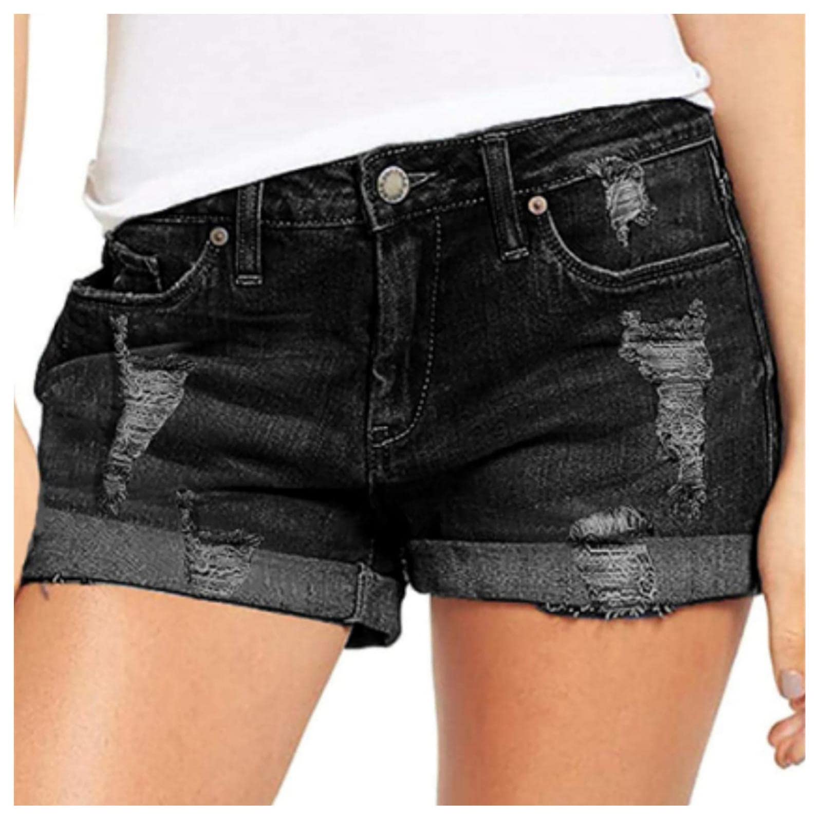 CHSWVUKQ Women's Juniors Mid Rise Denim Shorts - Folded Hem Casual Jean Shorts for Women | Slim Fit Blue Rolled Shorts with Hole Details | Perfect for Summer, Beach, and Casual Outings