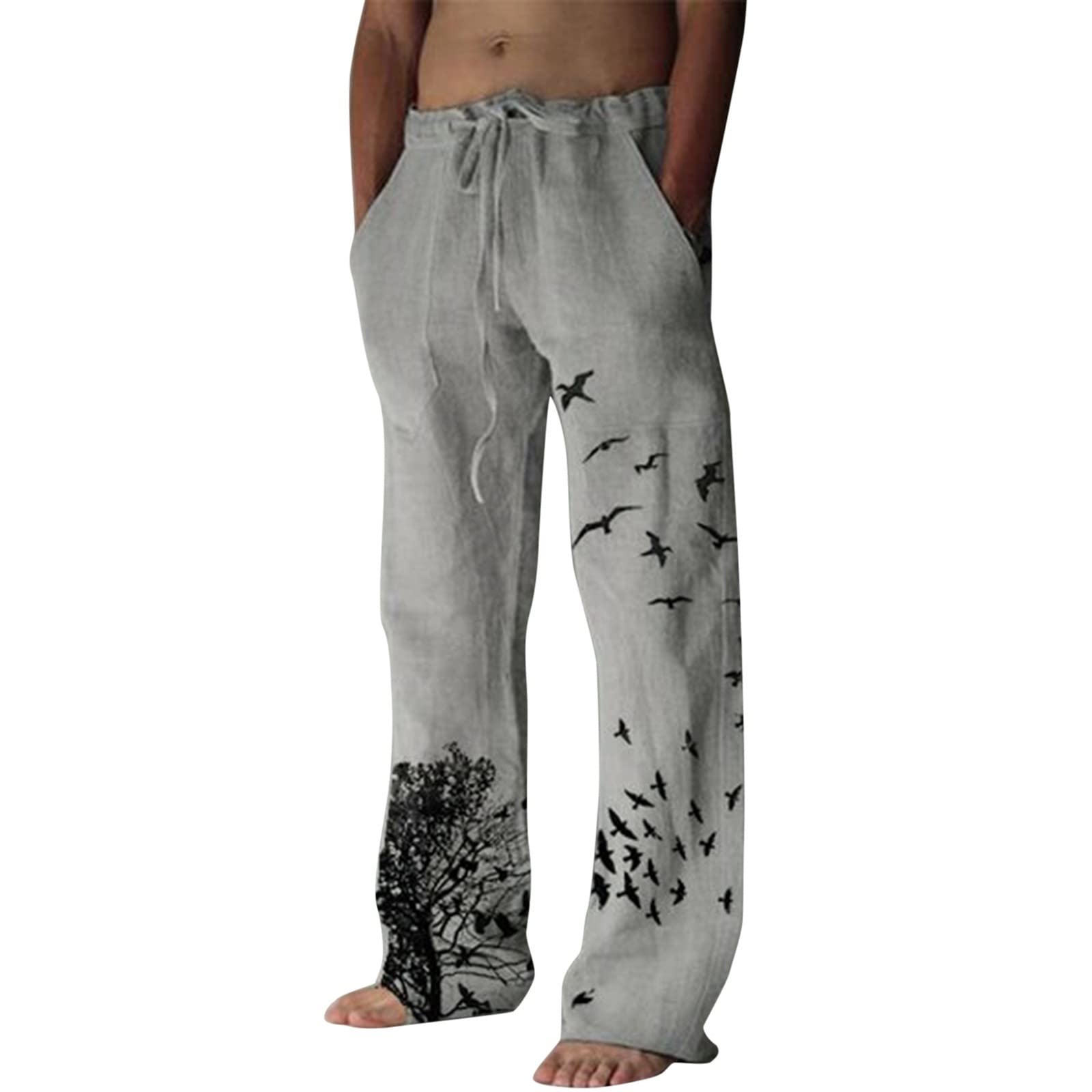 **Men's Summer Casual Pants with Drawstring & Pockets - Full Length Lightweight Trousers in Tree & Bird Print - Perfect for Outdoor Activities, Travel & Relaxation**