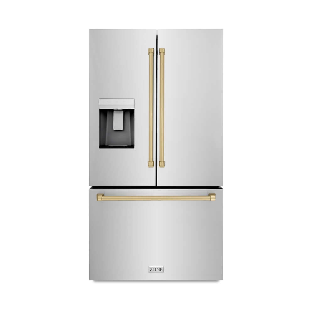 ZLINE Autograph Edition 36-inch 28.9 cu. ft. Standard Depth French Door Refrigerator with External Water Dispenser & Dual Ice Maker - Fingerprint Resistant Stainless Steel & Champagne Bronze Handles (RSMZ W 36 CB) - Perfect for Modern Kitchens, Entertaining & Large Family Storage