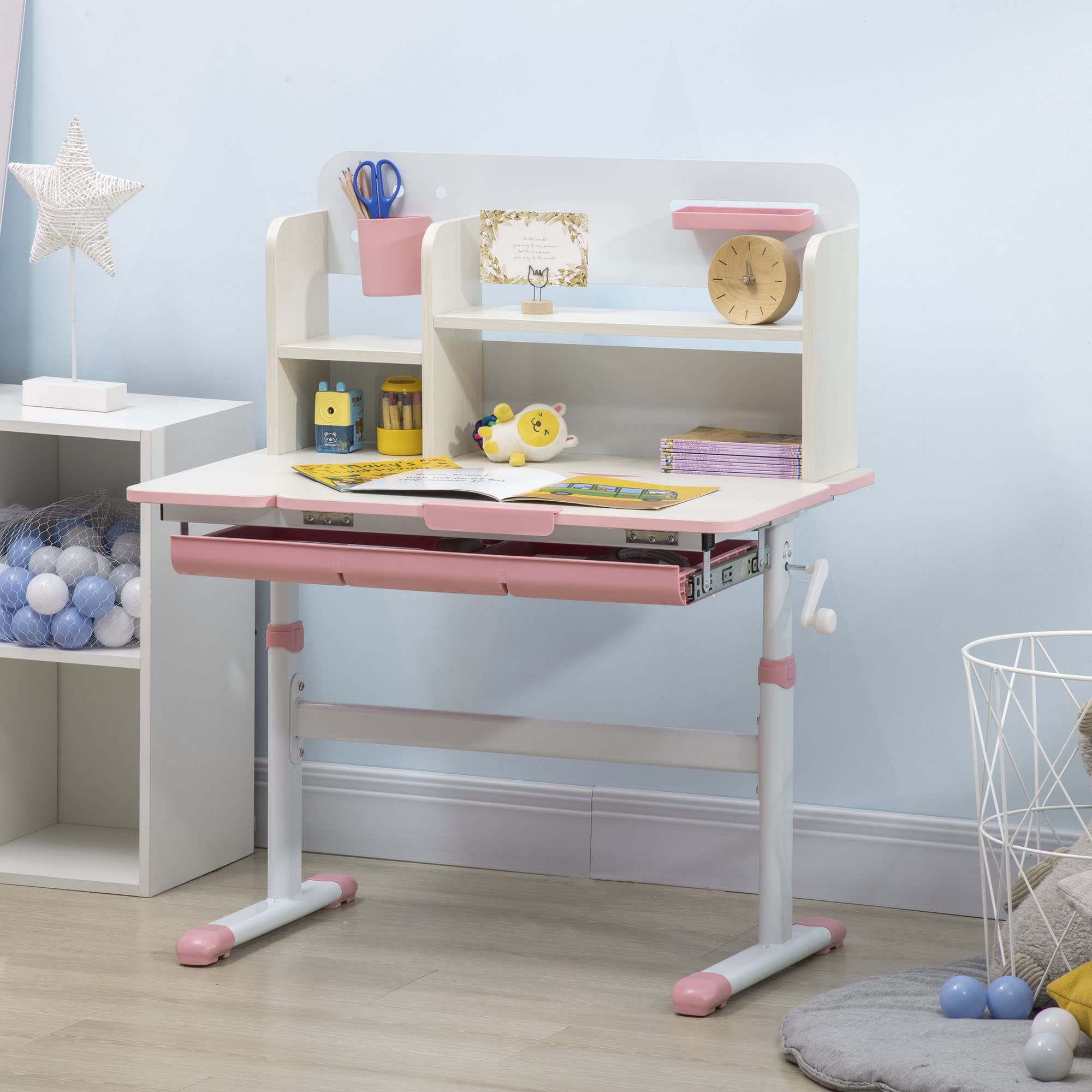 Qaba Adjustable Height Wooden Kids Study Desk - Children's School Writing Table with Tilt Desktop, Drawer, Storage Shelf & Pen Holder - Perfect for Homeschooling, Online Learning & Bedroom Study (Pink)