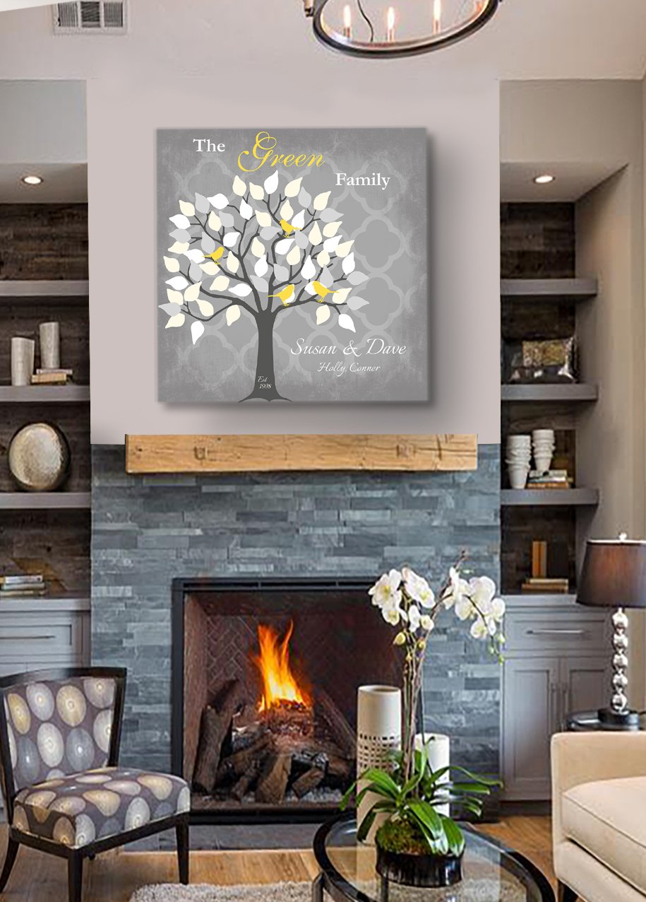 Personalized Family Tree Canvas Wall Art - Custom Anniversary & Wedding Gift - Housewarming, Bridal Shower, Birthday, Retirement, Office Party Decor - 30 x 30 Inch Gray Wall Hanging for Home & Office Decorations