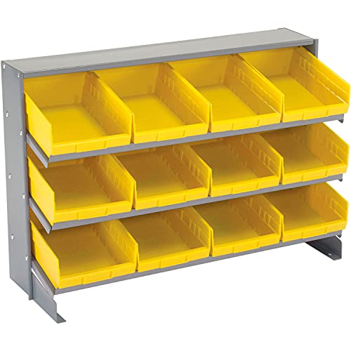 Global Industrial 3-Shelf Utility Bench Rack with 12 Yellow Storage Bins (8