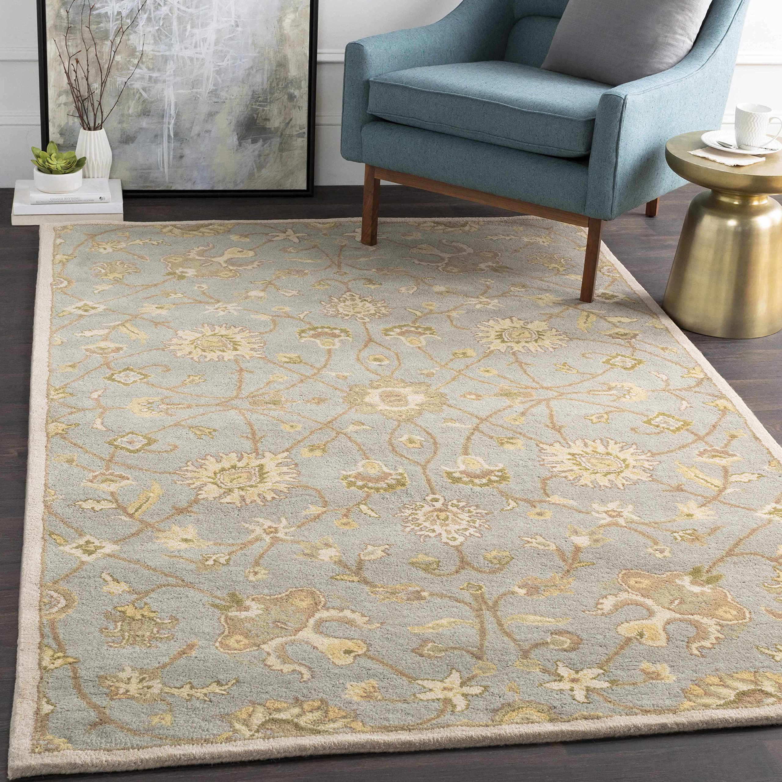 Hauteloom Logville Wool Area Rug 2' x 3' - Traditional Gray Ivory Green Handmade Rug for Living Room Bedroom - Soft Cozy Home Decor for Family Room, Nursery & Office