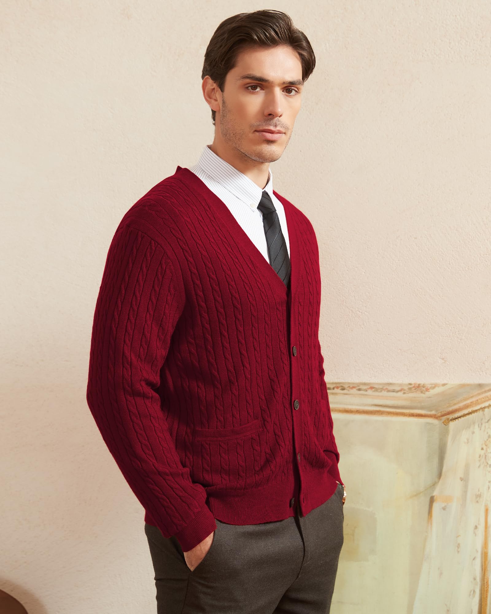 Kallspin Men's Wool Blend Cable Knit V-Neck Cardigan Sweater with Buttons & Pockets | Warm Winter Layering for Office, Casual Outfits & Date Nights