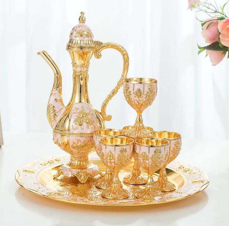 Vintage Turkish Coffee Pot Set with 6 Cups - Luxury Handcrafted Brass Coffee & Tea Serving Set for Home, Gifts, Housewarming & Weddings (Gold) - Perfect for Turkish Coffee, Tea, Cappuccino & Wine Serving at Home or Parties