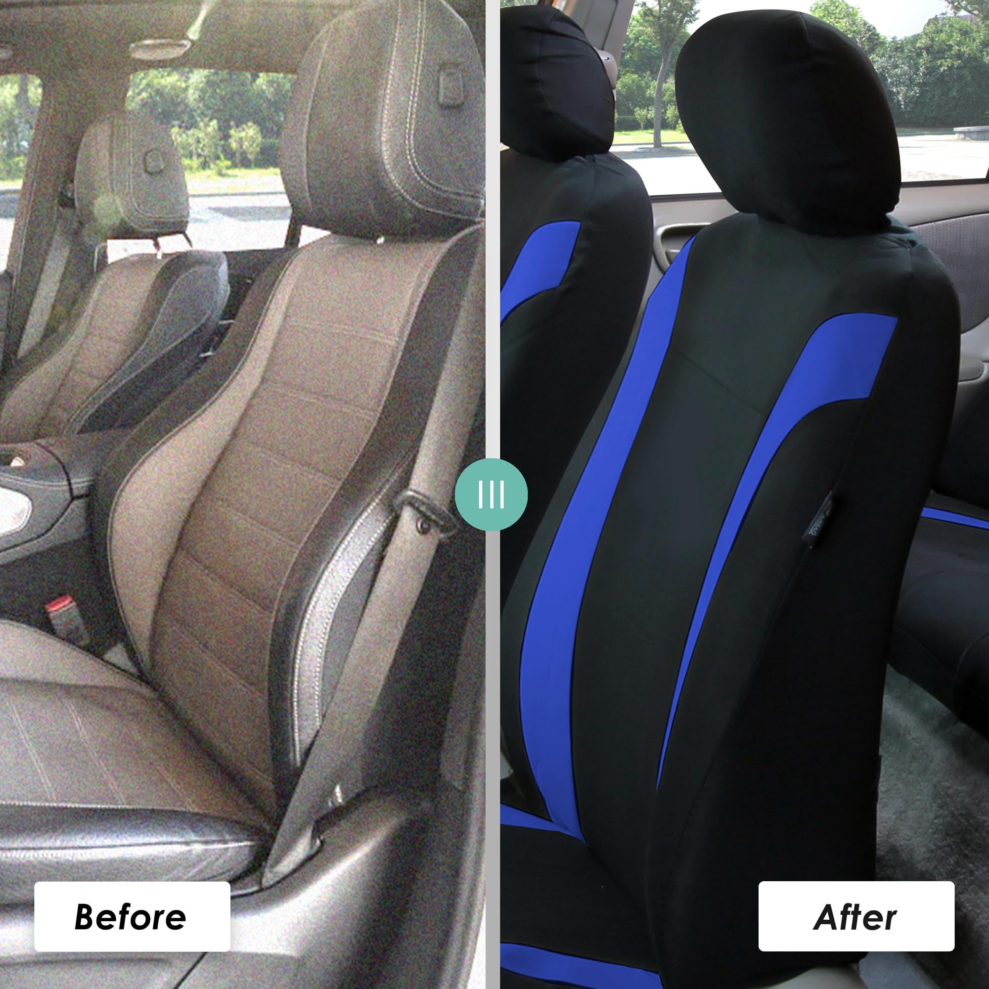 Premium FH Group Car Seat Covers Set - Universal Fit for Cars, Trucks & Vans | Blue Cosmopolitan Flat Cloth Design with Steering Wheel Cover & Seat Belt Pads | Airbag Compatible & Split Rear Design | Perfect for Daily Commute, Road Trips & Family Travel