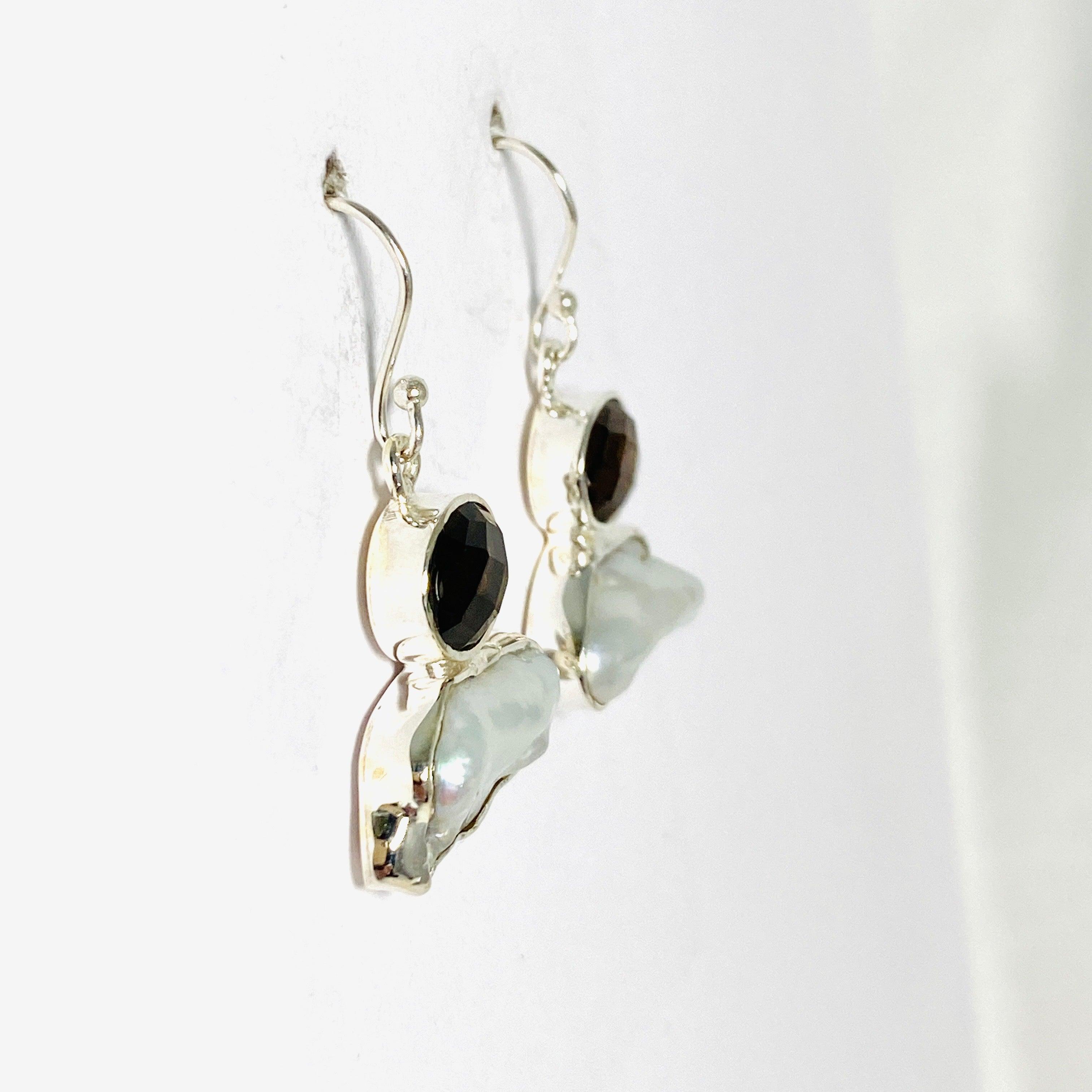 Pearl and Smokey Quartz Faceted Dangle Earrings E2393 SQ - Elegant Jewelry for Women, Perfect for Weddings, Parties & Special Occasions
