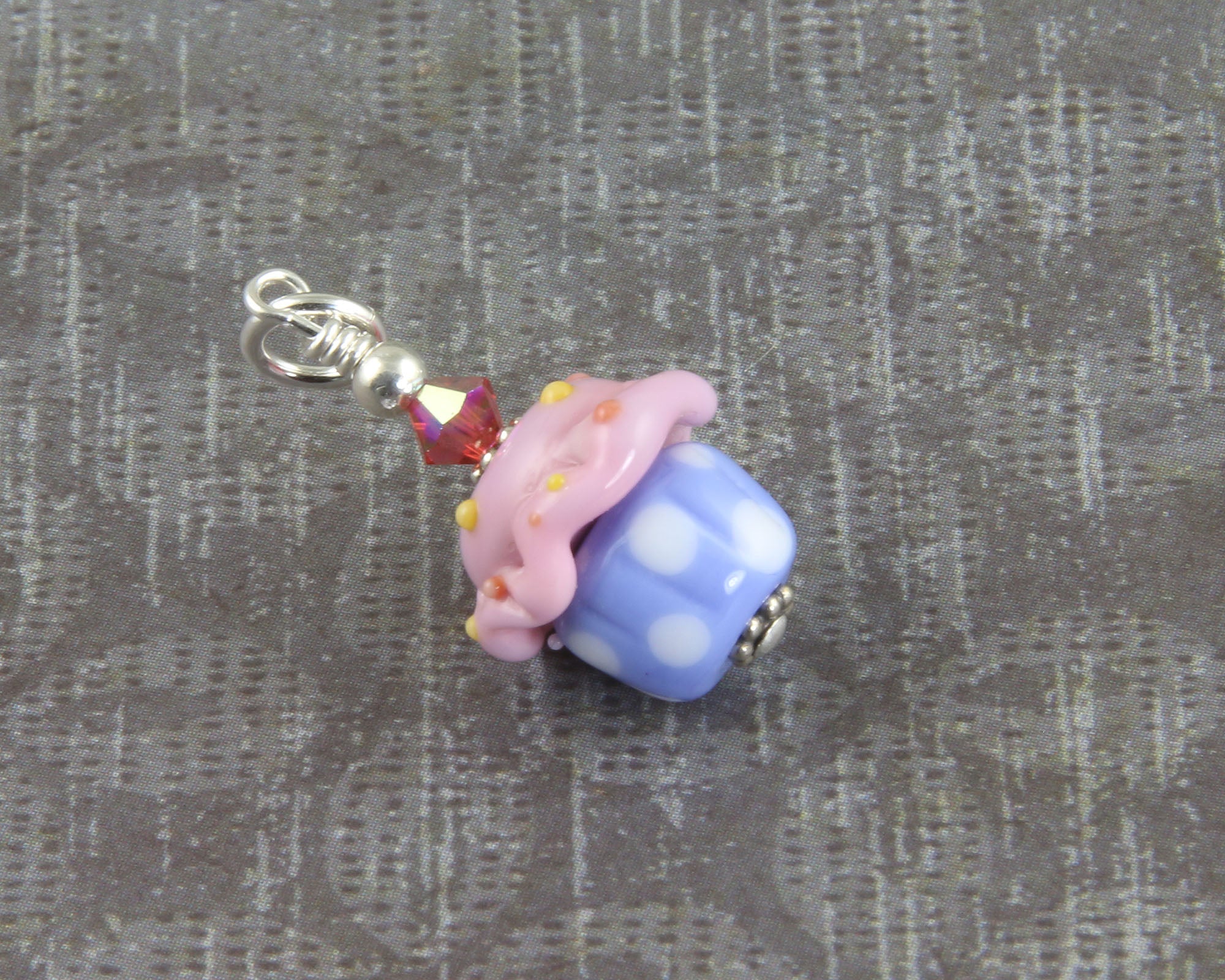 Pink and Blue Cupcake Lampwork Glass Charms - Sterling Silver Jewelry for Cake Decorating, Cupcake Toppers, DIY Crafts, and Gift Giving