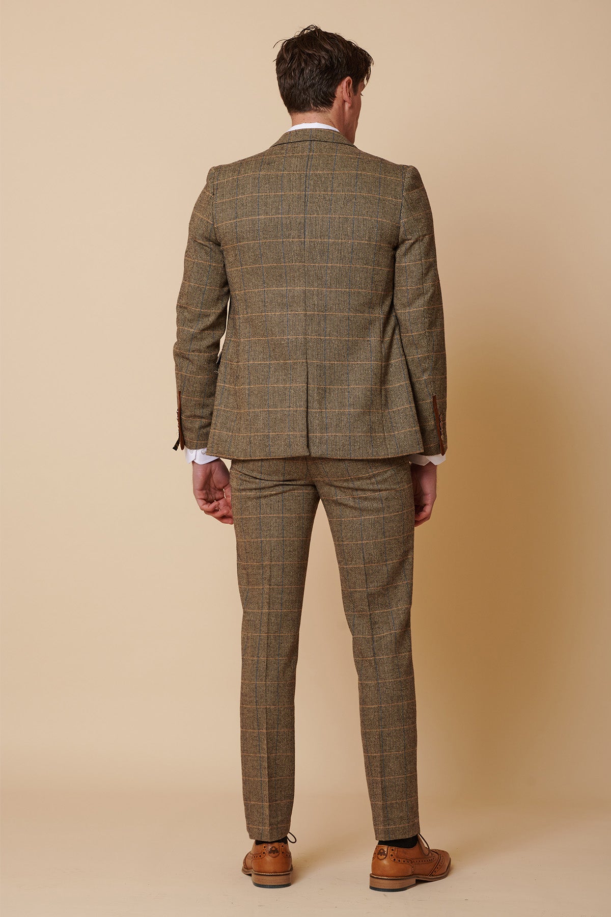 Premium TED Tan Tweed Check Three-Piece Suit with Double-Breasted Waistcoat - Formal Business Attire for Weddings, Office & Special Occasions