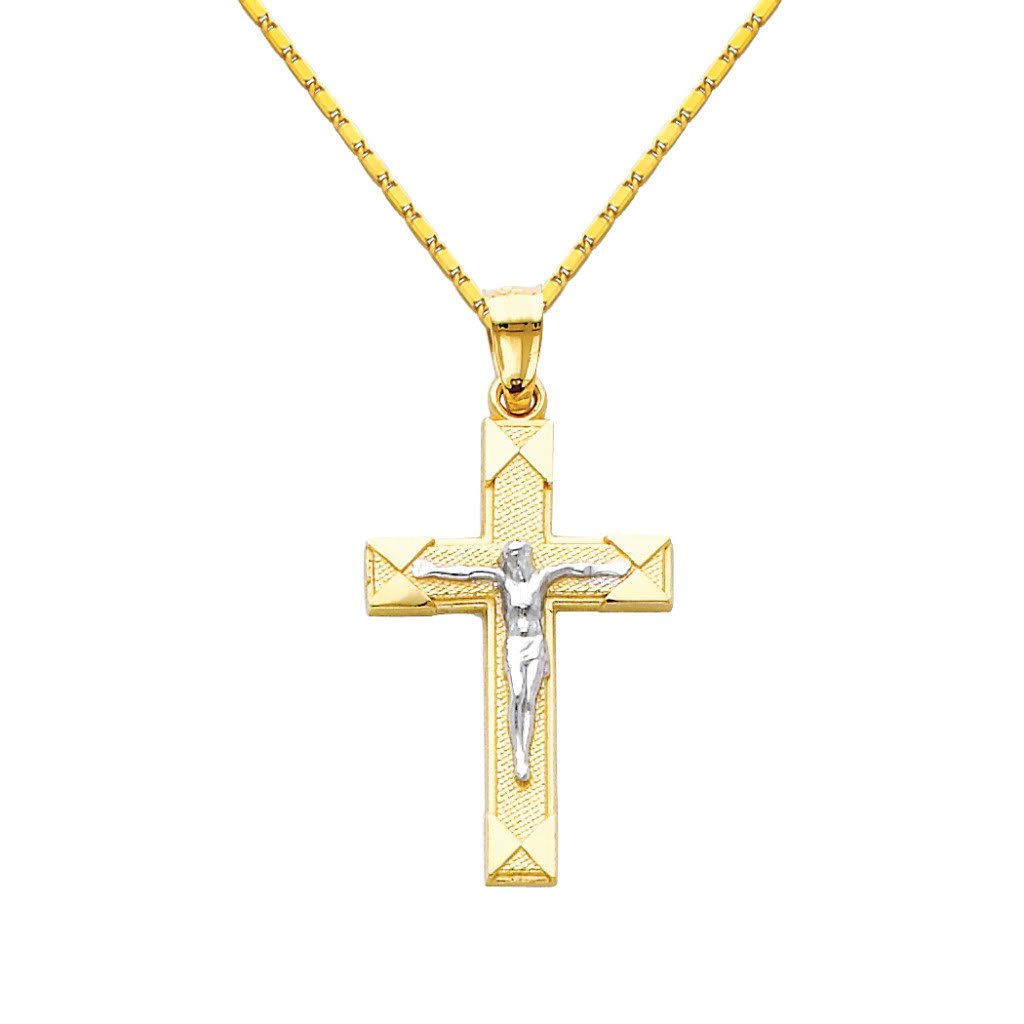 14K Two-Tone Gold Jesus Cross Pendant with 1mm Snail Link Chain - Religious Jewelry for Men & Women - Perfect for Baptism, Confirmation, and Daily Faith Inspiration