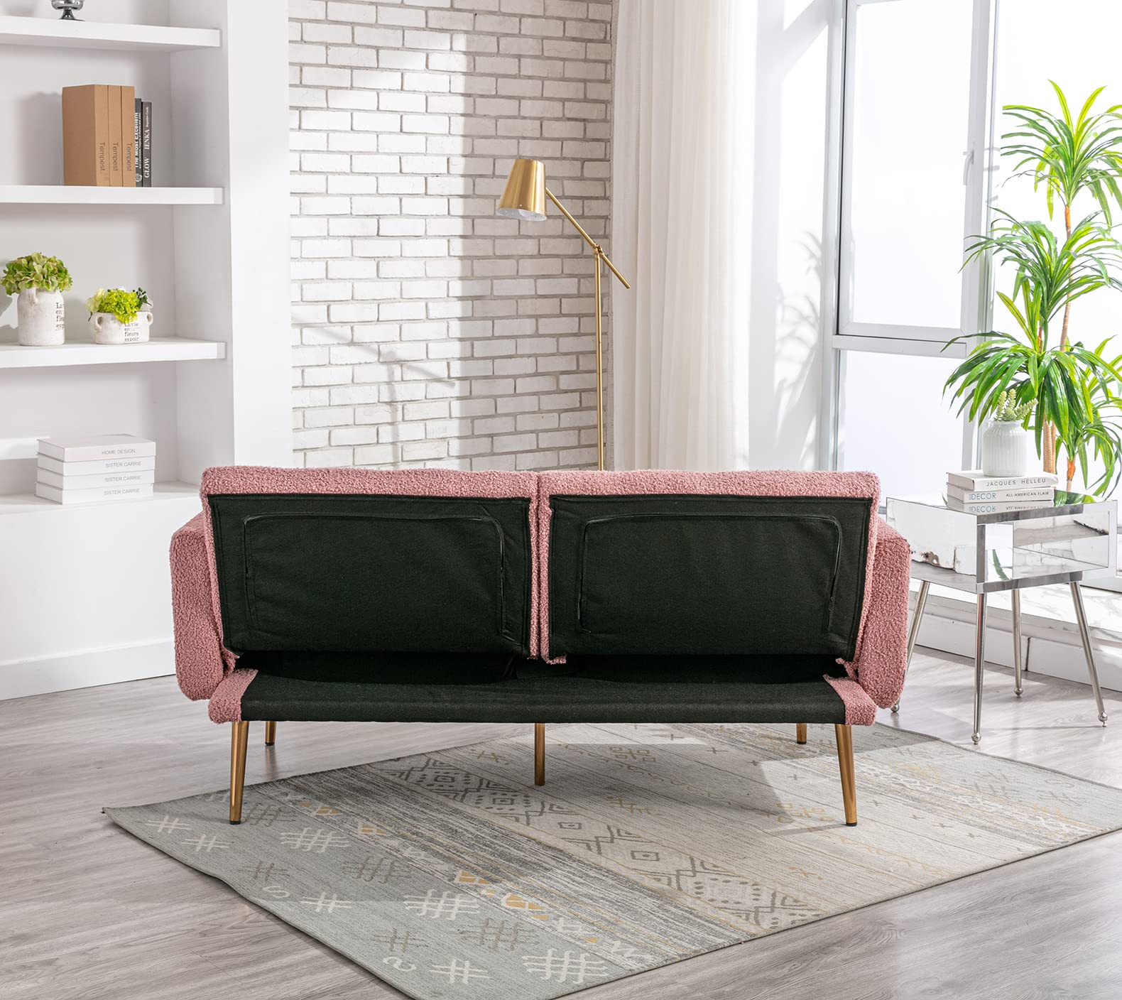 Antetek Convertible Futon Sofa Bed - 3 Adjustable Positions, Modern Upholstered Loveseat Sleeper with 2 Decorative Pillows & 5 Metal Tapered Legs in Soft Brush Pink Teddy Fabric - Perfect for Small Apartments, Guest Rooms, and Cozy Living Spaces