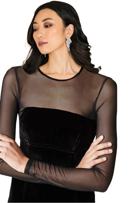 Elegant Women's Velvet Gown with Illusion Neckline - Perfect for Evening Parties, Prom Dresses & Formal Events