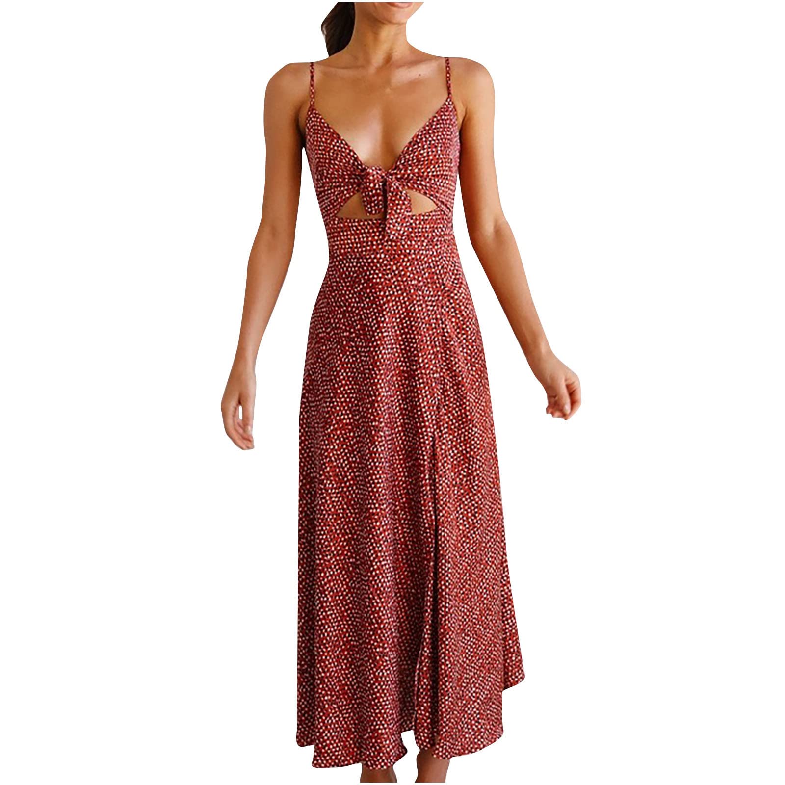 2022 Women's Summer Casual Dresses - Backless Polka Dot Print Bandage Sexy Camisole Midi Dress for Beach, Party & Vacation | Flowy Comfortable Mid-Calf Length Dress