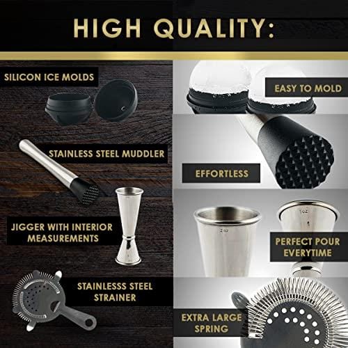 Premium 12-Piece Cocktail Mixing Set - Stainless Steel Bar Spoon, Mixing Glass, Strainer, Muddler, Jigger & Ice Molds - Professional Bartender Kit for Home Bars, Parties & Cocktail Making - Perfect Gift for Mixologists