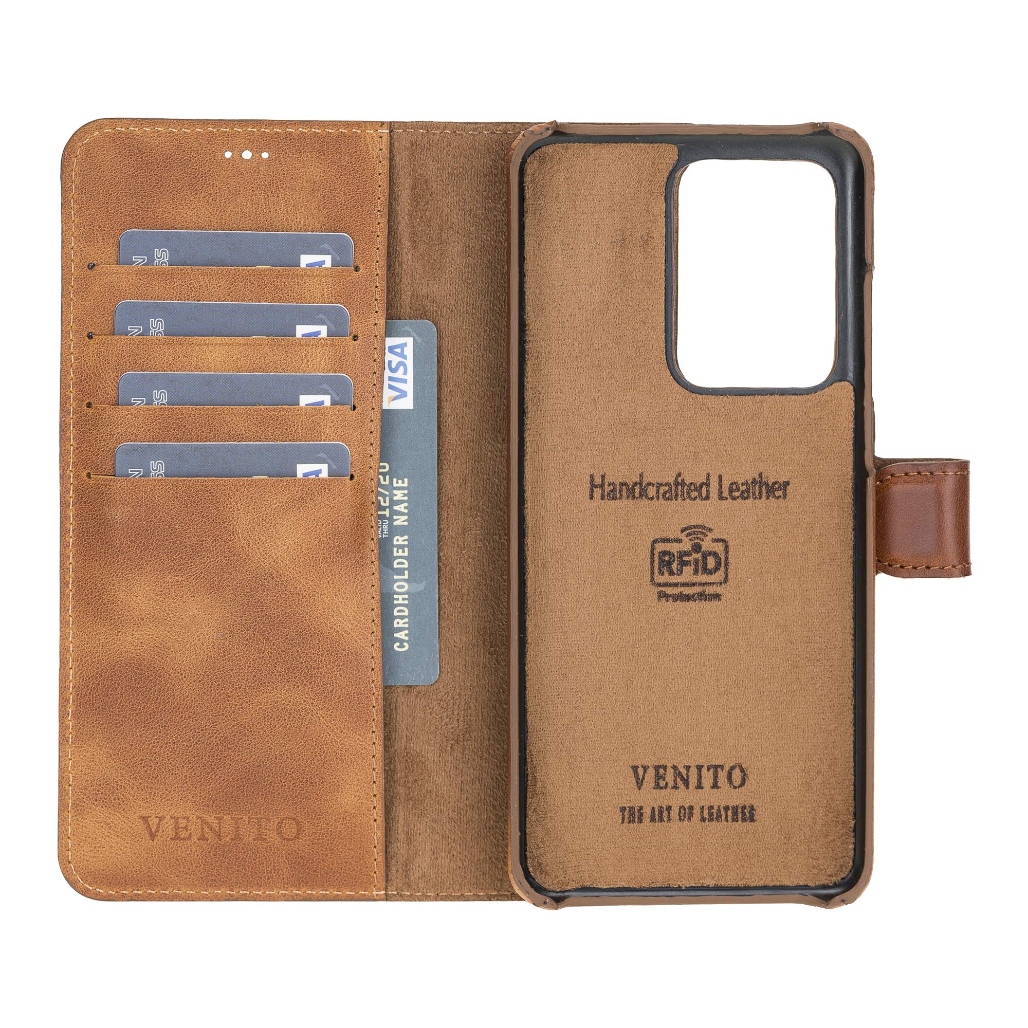 Venito Florence Genuine Leather Wallet Phone Case for Samsung Galaxy S20 Ultra - RFID Blocking Protection - Detachable Card Holder - Antique Brown - Perfect for Travel, Business & Everyday Use