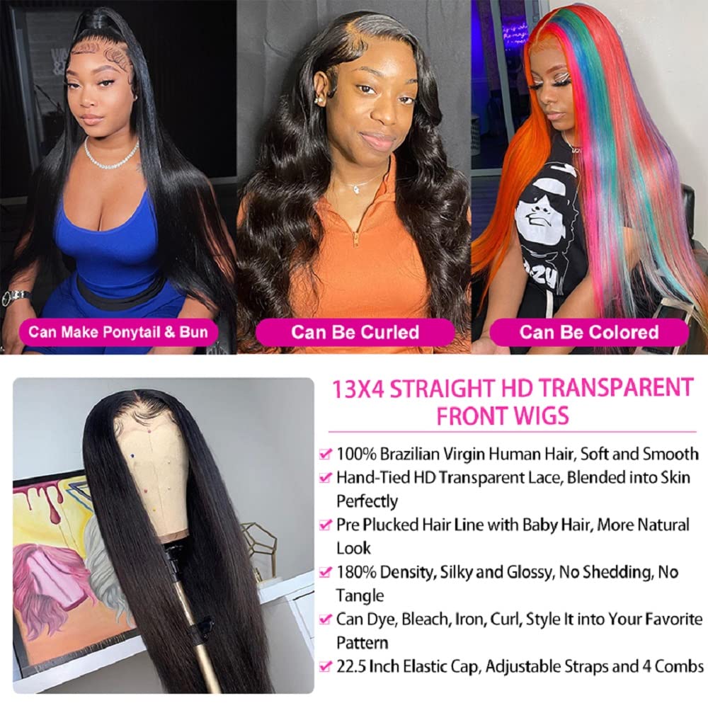 30 Inch Straight Lace Front Wigs Human Hair - Pre Plucked 13x4 HD Transparent Lace - 180% Density Glueless Brazilian Virgin Hair Wigs for Black Women - Perfect for Daily Wear, Cosplay & Special Occasions