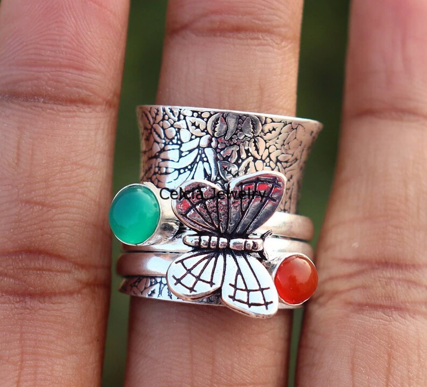 Green Onyx & Red Onyx Multi-Gemstone Butterfly Spinner Ring - 925 Sterling Silver Meditation & Anxiety Relief Fidget Ring - Size 7 - Perfect for Stress Relief, Mindfulness Practice & Fashion Jewelry