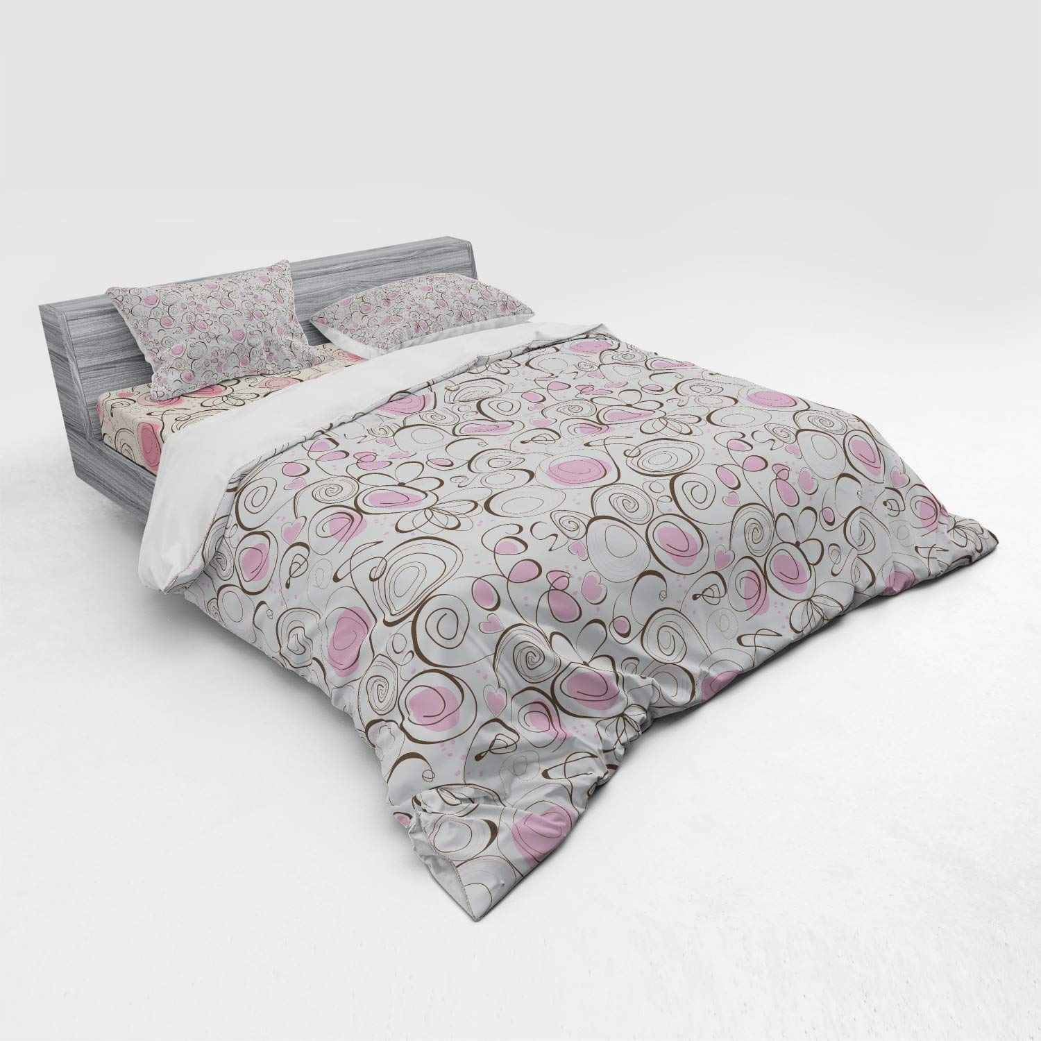 Ambesonne Rose Duvet Cover Set - King Size 4-Piece Bedding with Shams & Fitted Sheet | Doodle Style Swirls, Spirals, Hearts & Dots in Cream Rose & Umber | Romantic & Cheerful Design for Master Bedroom, Guest Room or Dorm Decor