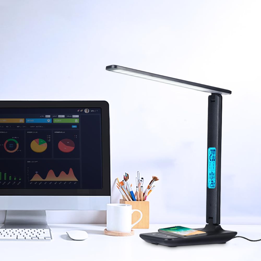 Multifunctional LED Desk Lamp with Wireless Charger & USB Port - Adjustable Study Light with Clock & Phone Holder for Home Office, Reading, Gaming - Eye-Caring Desk Lamp for Students, Teens, Boys & Girls (Black) - Perfect for Night Studying, Work from Home & Bedside Use