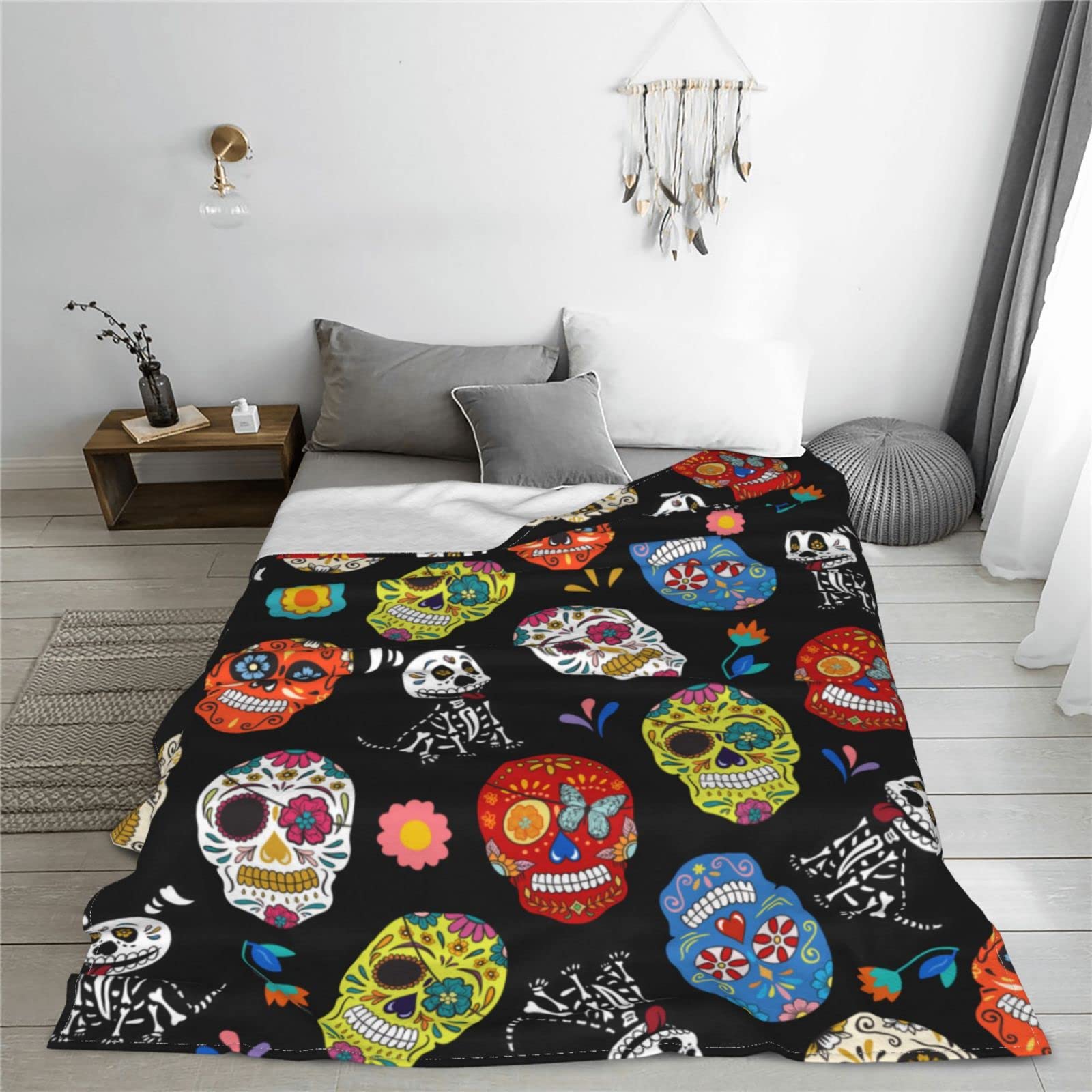 Day of the Dead Sugar Skull Fleece Blanket - Soft Warm Flannel Throw 80x60 Inches for Couch, Bed & Pets - Mexican Holiday Home Decor Gift for Adults & Kids