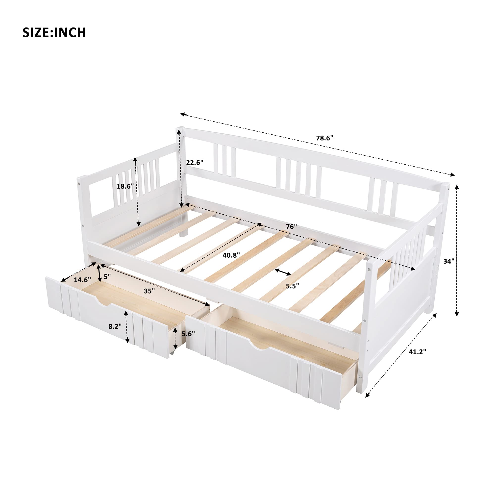 Twin Size Wooden Daybed with 2 Storage Drawers - Convertible Sofa Bed & Low Platform Bed - White Modern Bedroom Furniture for Kids, Teens & Guest Room - Perfect for Small Spaces, Dorm Rooms & Sleepovers