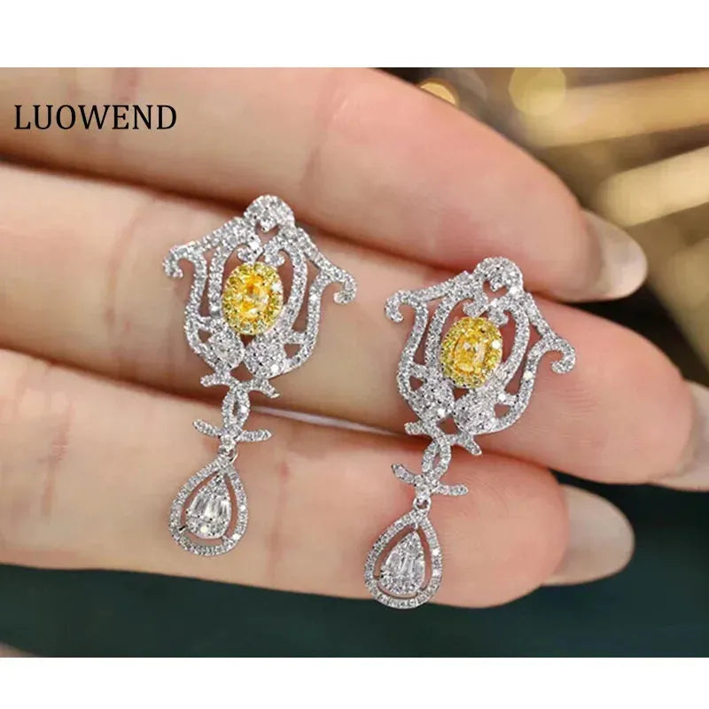 18K White Gold Vintage Palace Design Drop Earrings with Real Natural Yellow Diamonds for Women | Elegant Jewelry for Senior Banquets, Weddings & Special Occasions