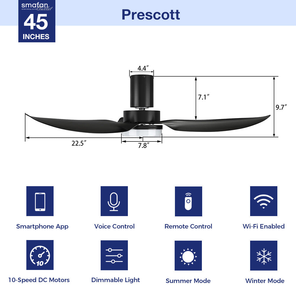 45 Inch Prescott Low Profile Smart Ceiling Fan with LED Light and Remote Control - Perfect for Bedroom, Living Room, and Office Spaces