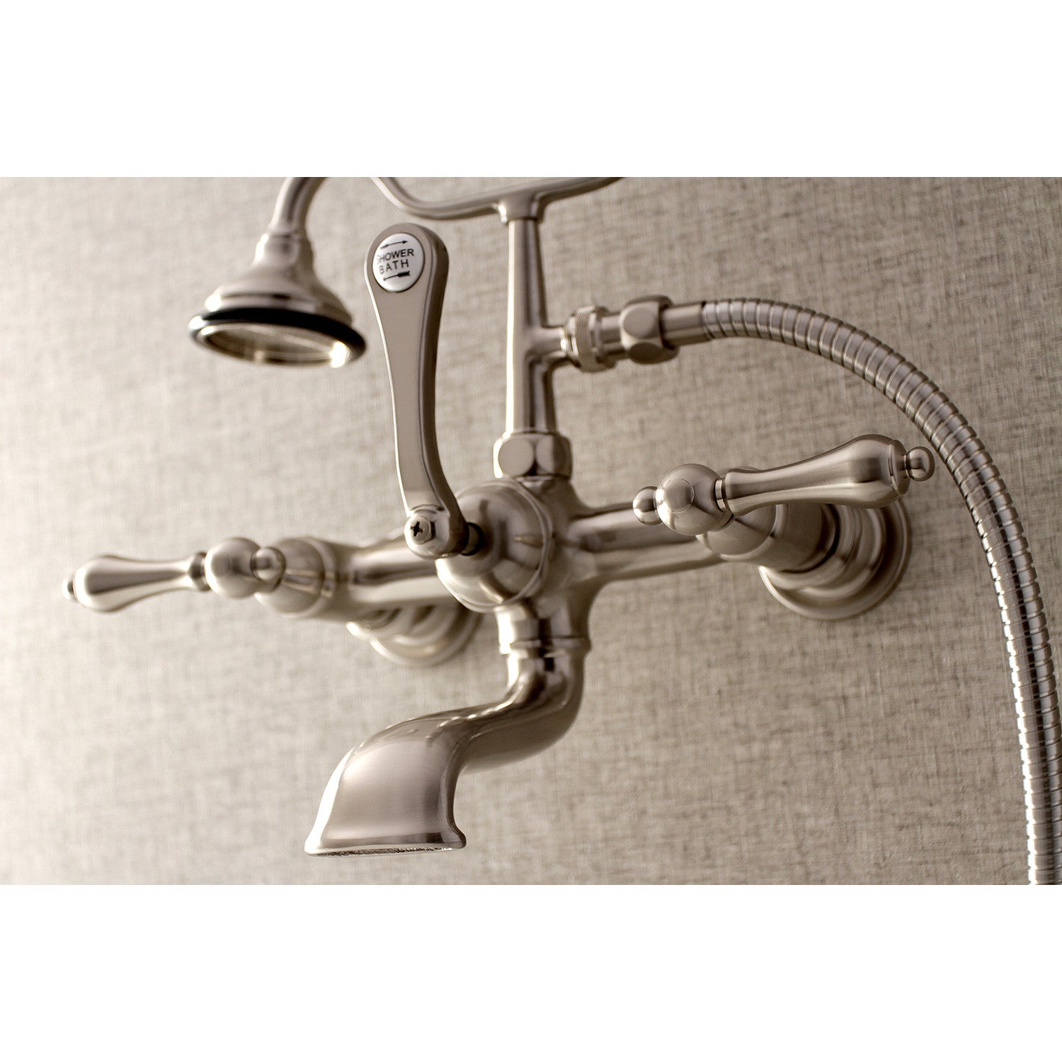 Vintage Style Aqua AE551T8 3-Handle Wall Mount Clawfoot Bathtub Faucet with Hand Shower in Brushed Nickel - Perfect for Classic Bathroom Renovations & Spa-Like Showers