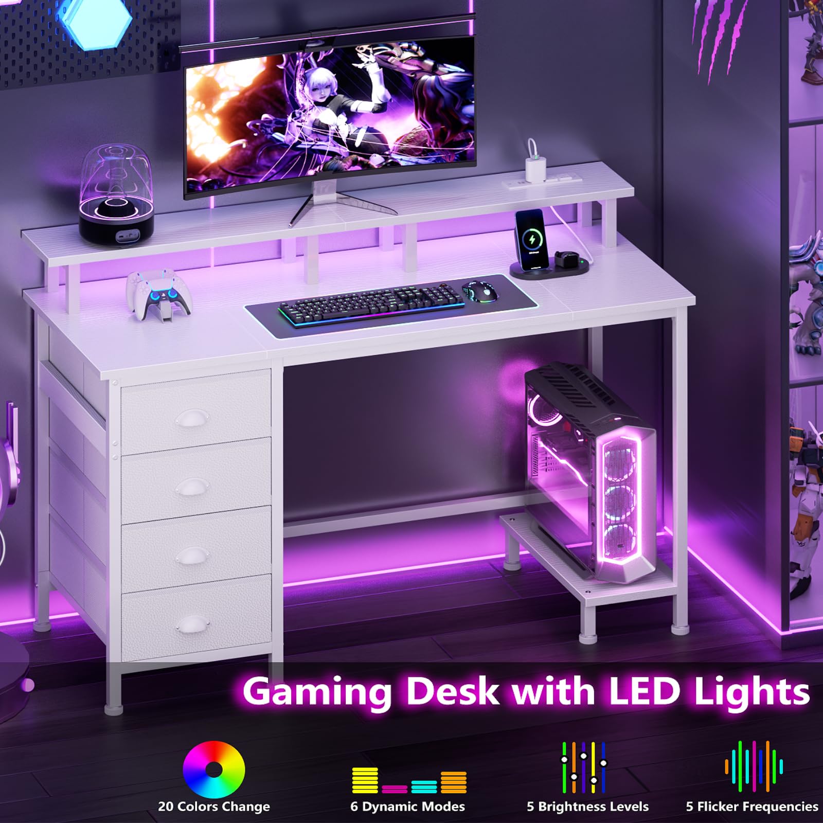 Furologee 47 Inch Computer Desk with 4 Fabric Drawers, Power Outlets & LED Lights - Gaming Desk, Home Office Desk with Monitor Stand & Shelf - Study Writing Desk for Bedroom (White) - Perfect for Small Spaces, Gaming Setups & Remote Work
