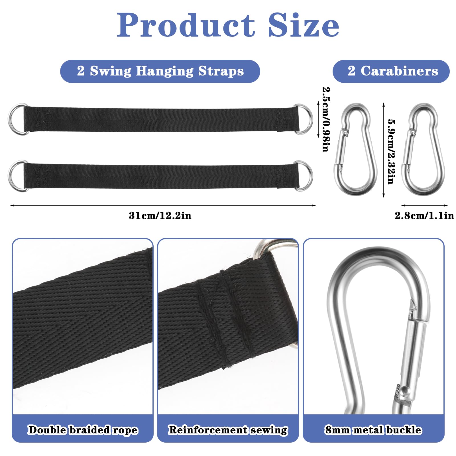 2 Pcs Heavy Duty Tree Swing Straps - Adjustable Hammock Hanging Kit with Carabiners - Durable 1000LB Capacity Porch Swing Rope for Tree Branch - Perfect for Backyard Swings, Hammocks, and Outdoor Relaxation - Easy & Safe Installation for Kids and Adults