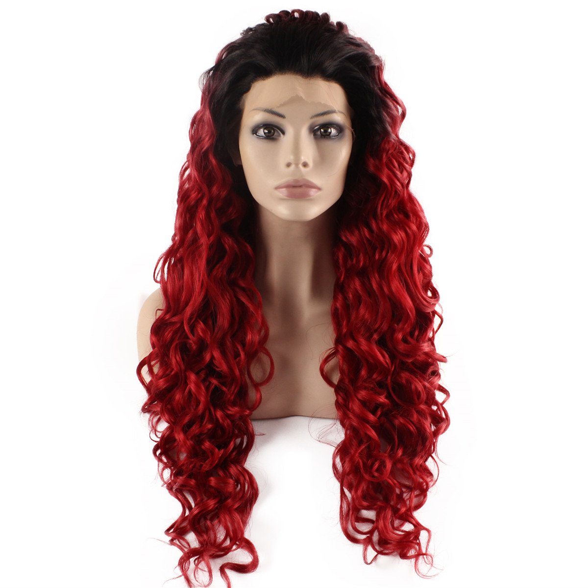 Mxangel Long Curly Dark Root Ombre Red Synthetic Lace Front Wig - Heat Resistant Cosplay Wig for Halloween, Parties & Costume Events