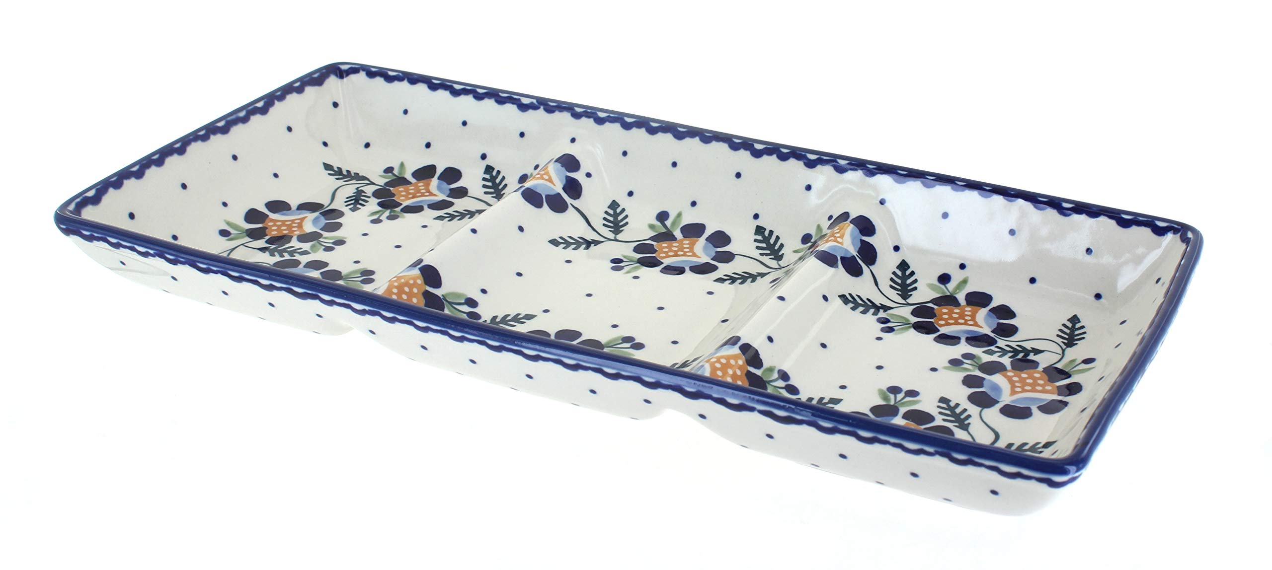 Blue Rose Polish Pottery Sunflower 3-Section Serving Dish - Elegant Appetizer Platter for Parties, Weddings & Home Decor