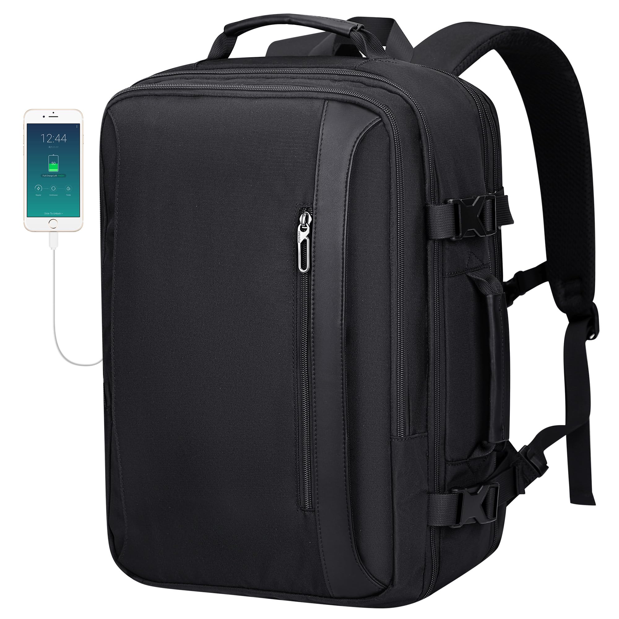 PIJUSHI Expandable 40L Travel Backpack for Women & Men - Flight Approved Carry On Backpack with USB Charging Port & 16 Inch Laptop Compartment (Black) - Perfect for Business Trips, Weekend Getaways & Airplane Travel