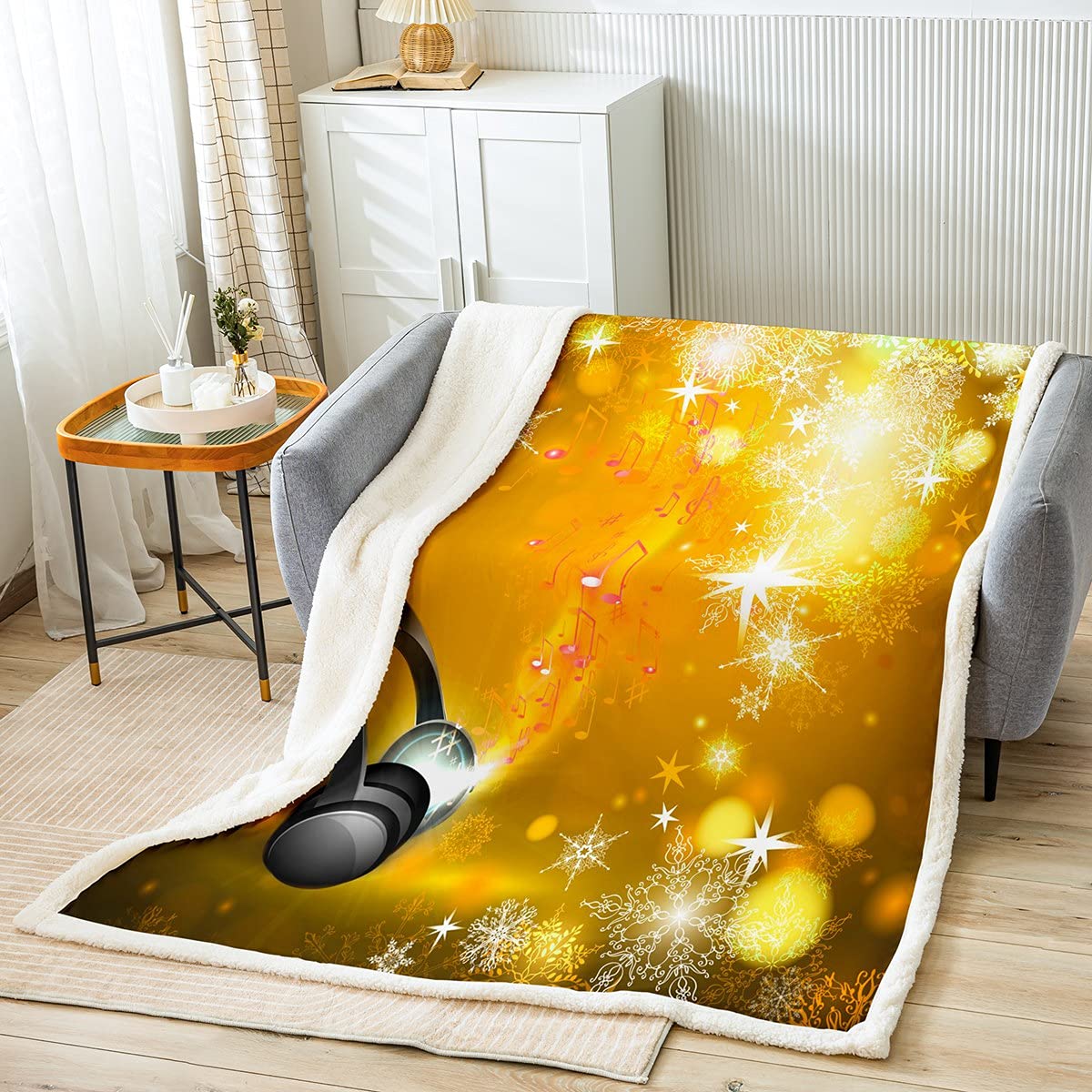 Winter Snowflake & Headset Flannel Blanket - Red Musical Notes & Ice Crystals Print Twin Size 60x80 Inch - Soft Warm Throw Blanket for Kids Boys Girls Bedroom Decor - Perfect for Cozy Winter Nights, Christmas Gifts & Dorm Room Essentials