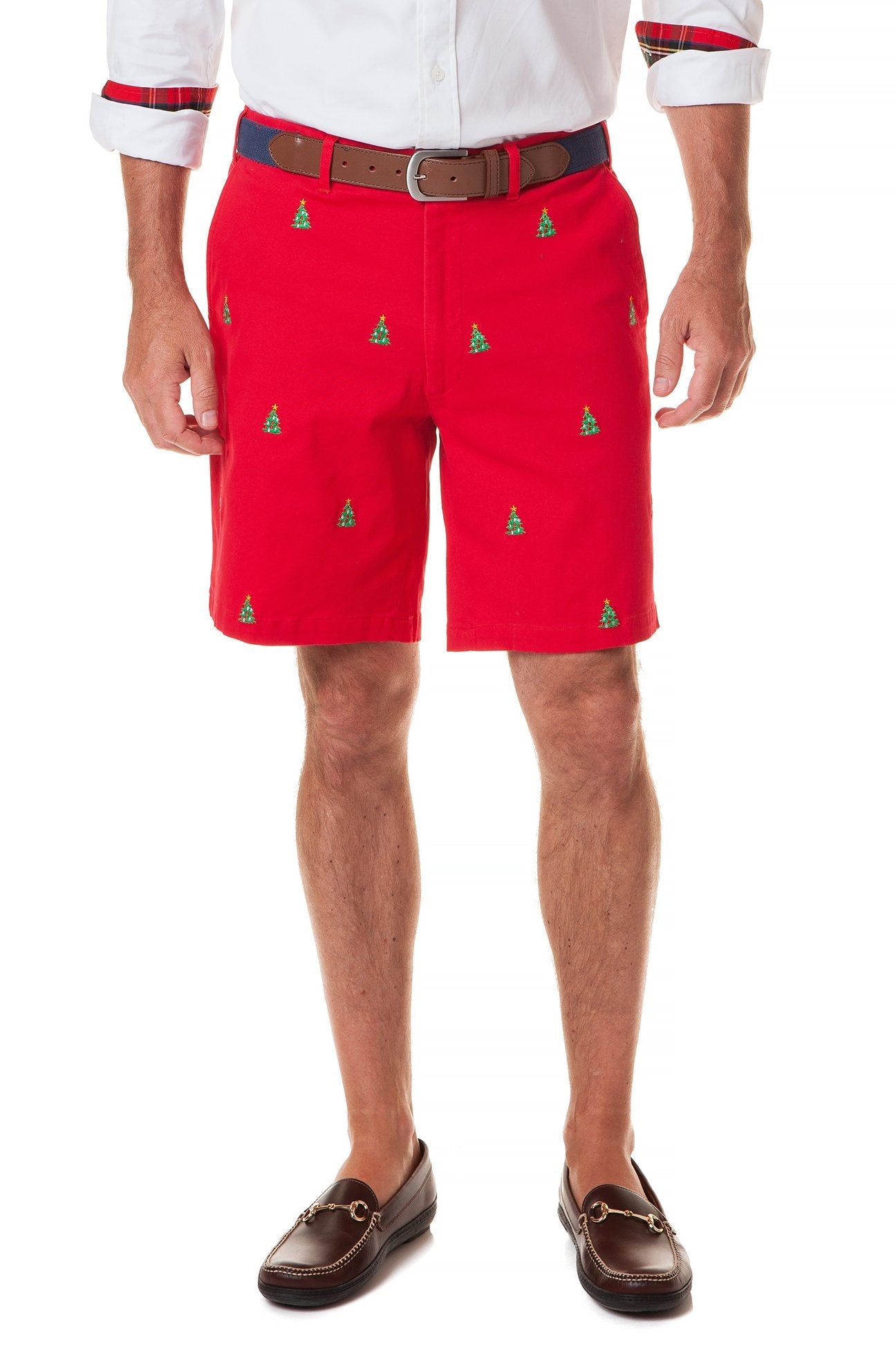 Cisco Short Stretch Twill Bright Red Christmas Tree Pattern Pants - Perfect for Holiday Parties & Festive Office Wear