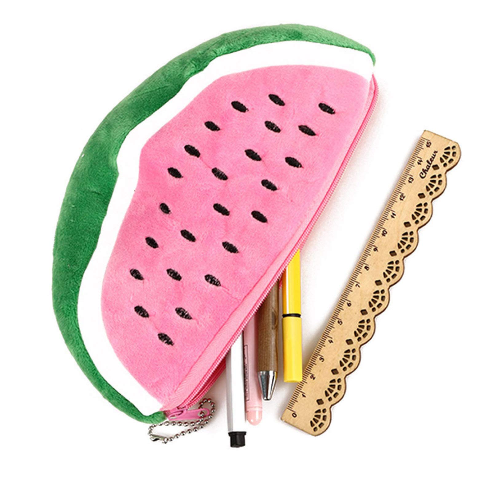Watermelon Semicircle Plush Pencil Case with Zipper - Red Stationery Organizer for School, Office & Travel Supplies Storage