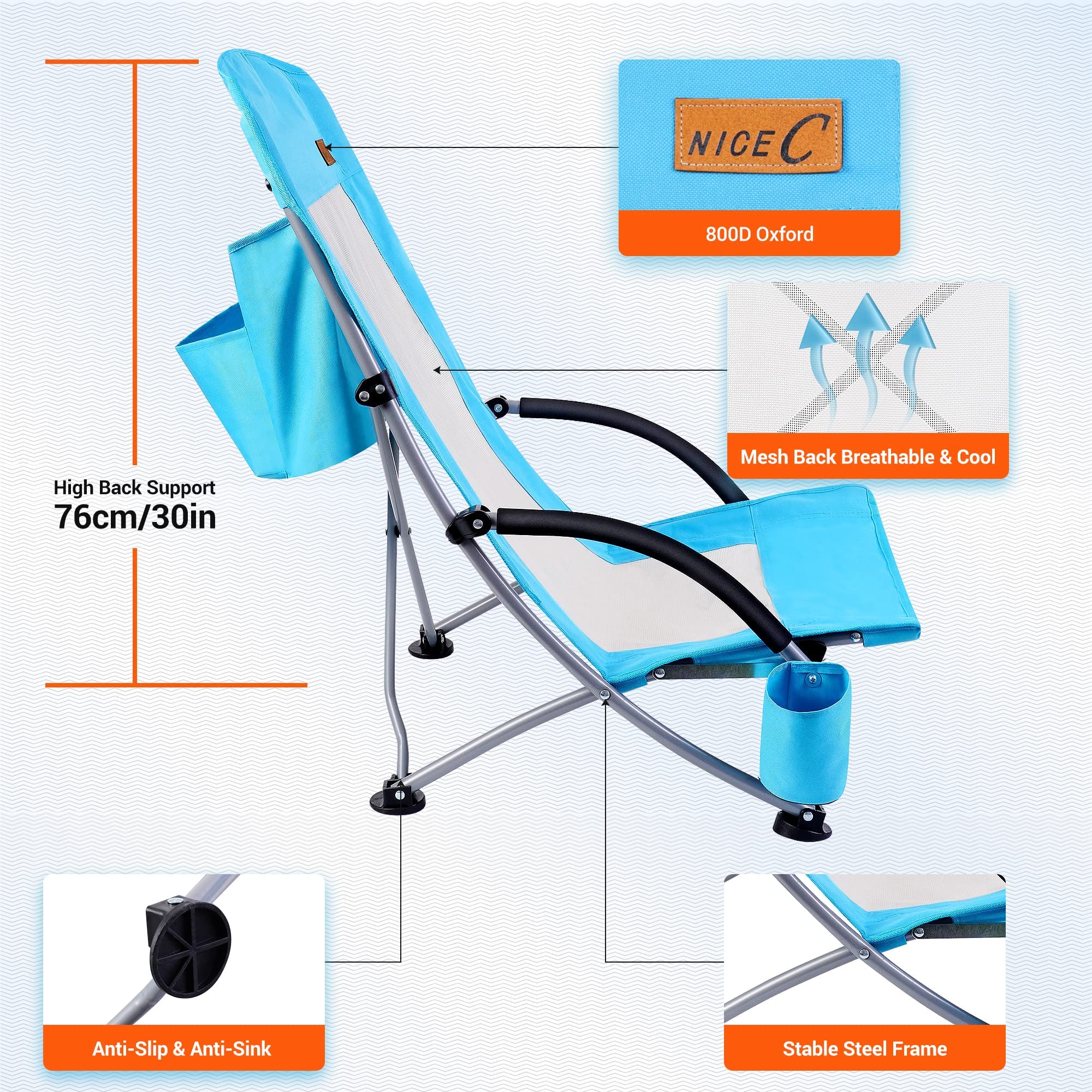 2 Pack Low Beach Chair & High Back Cooler Chair Set - Portable Folding Chairs for Beach, Pool, Camping, Picnics & Outdoor Relaxation